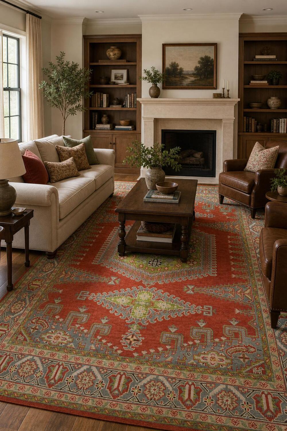 Red and Green Geometric Tribal Hand-Knotted Viss Wool Rug  9x12