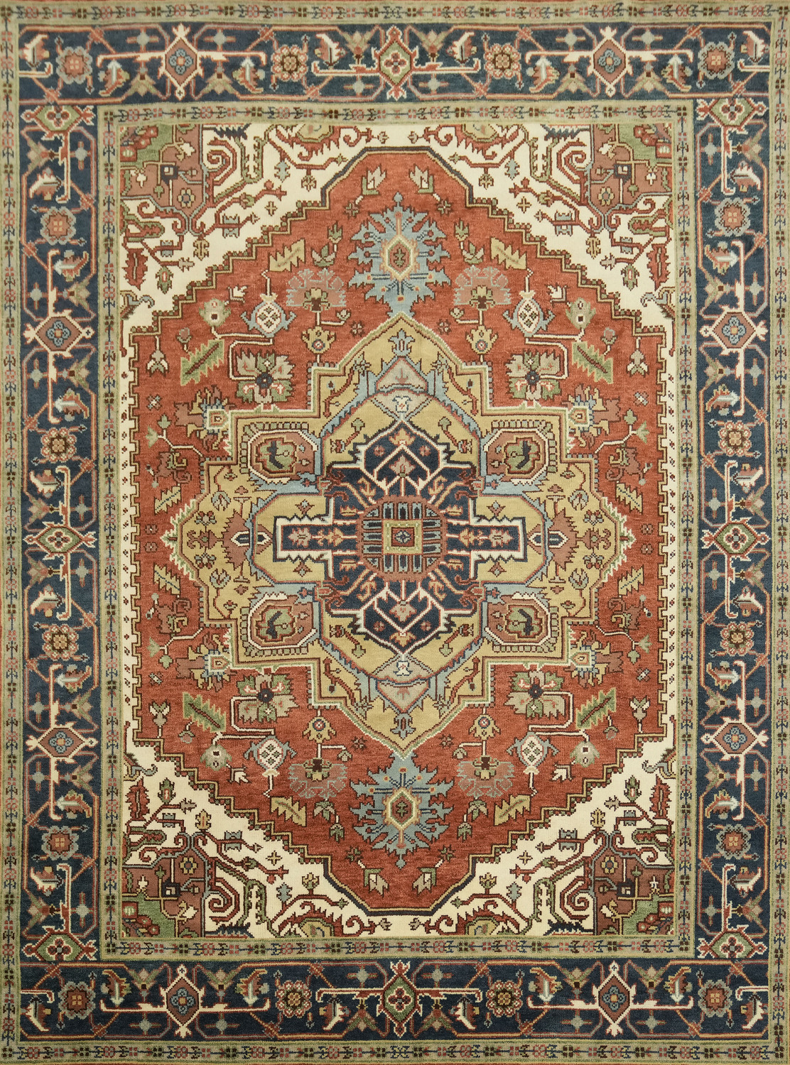 Heriz Serapi Rust and Navy Blue Area Rug 9x12