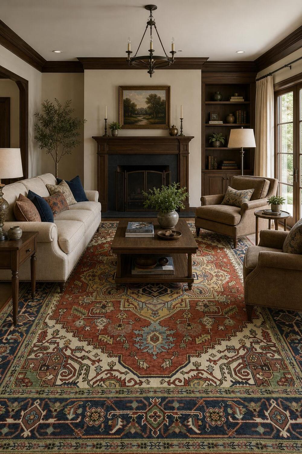 Heriz Serapi Rust and Navy Blue Area Rug 9x12