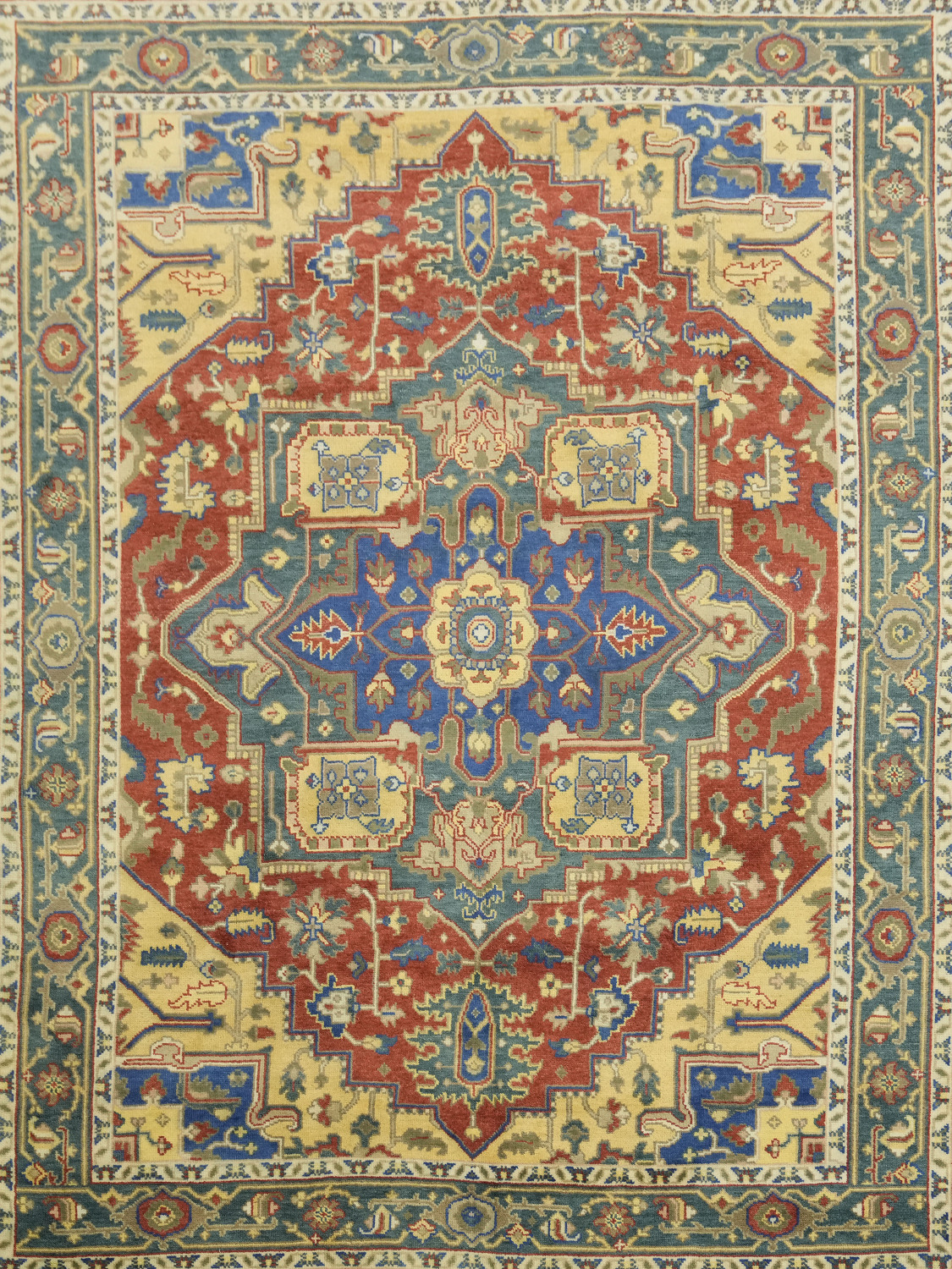Geometric Red and Blue Heriz Serapi Wool Living Room Rug 9' x 12'