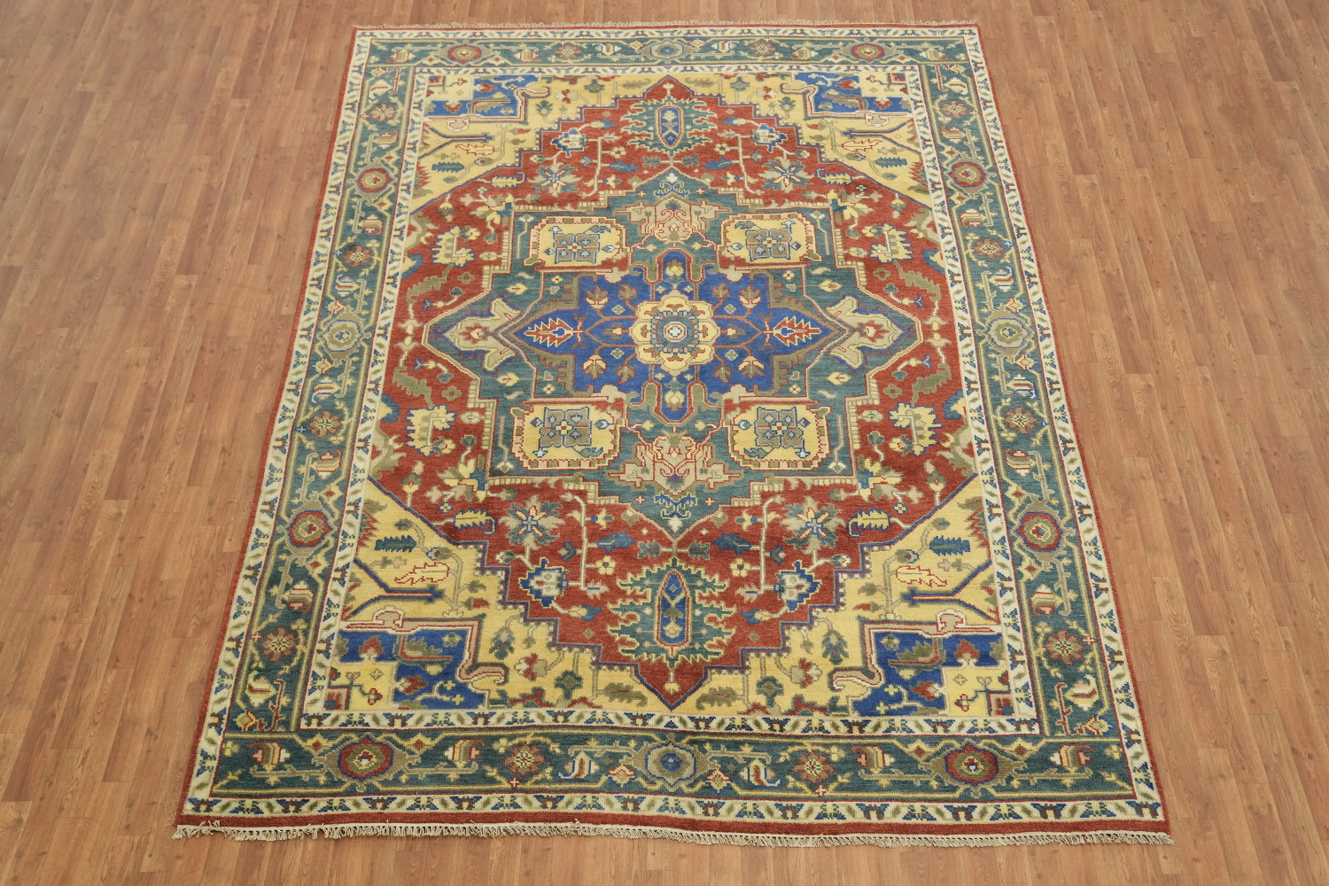 Geometric Red and Blue Heriz Serapi Wool Living Room Rug 9' x 12'