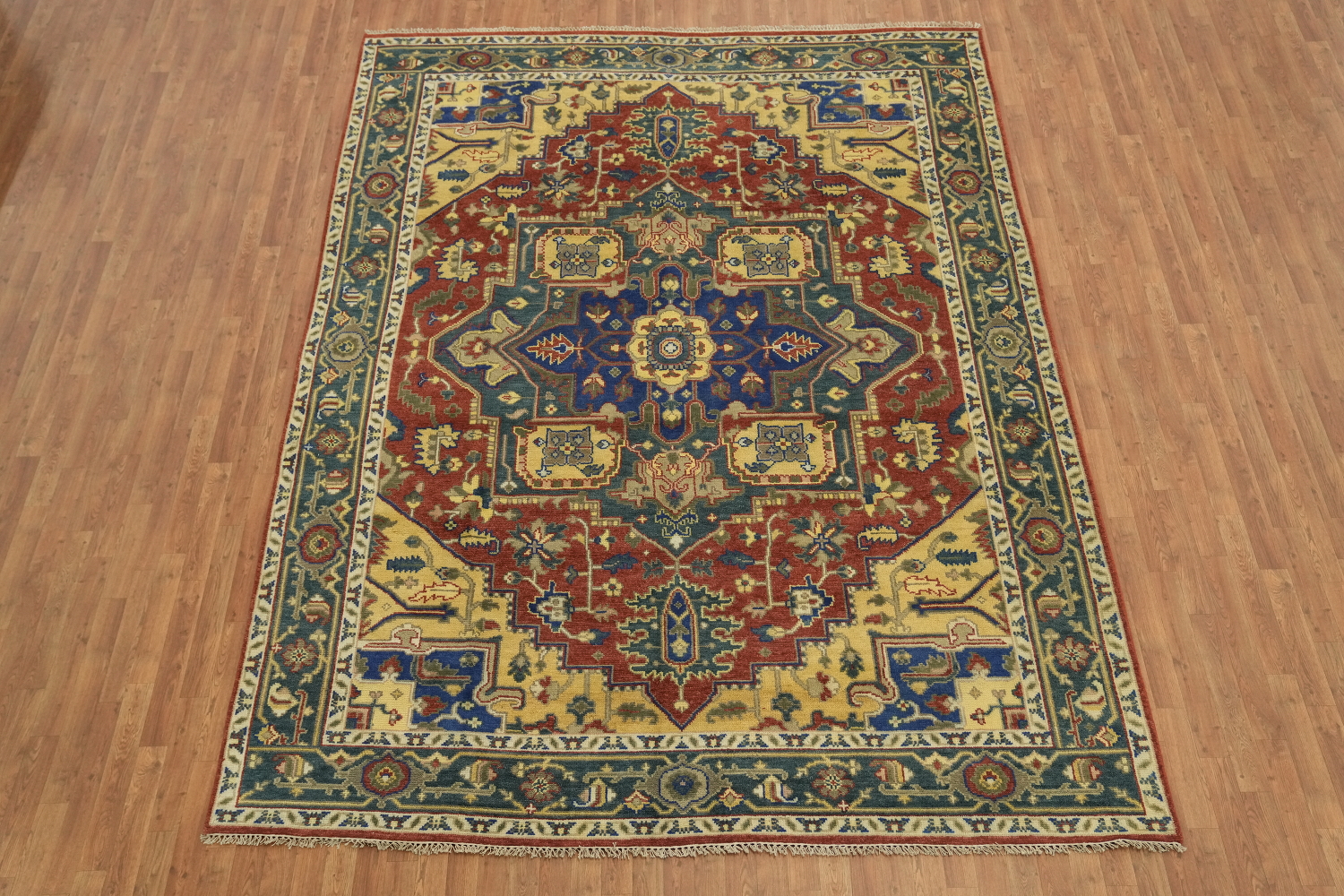 Geometric Red and Blue Heriz Serapi Wool Living Room Rug 9' x 12'