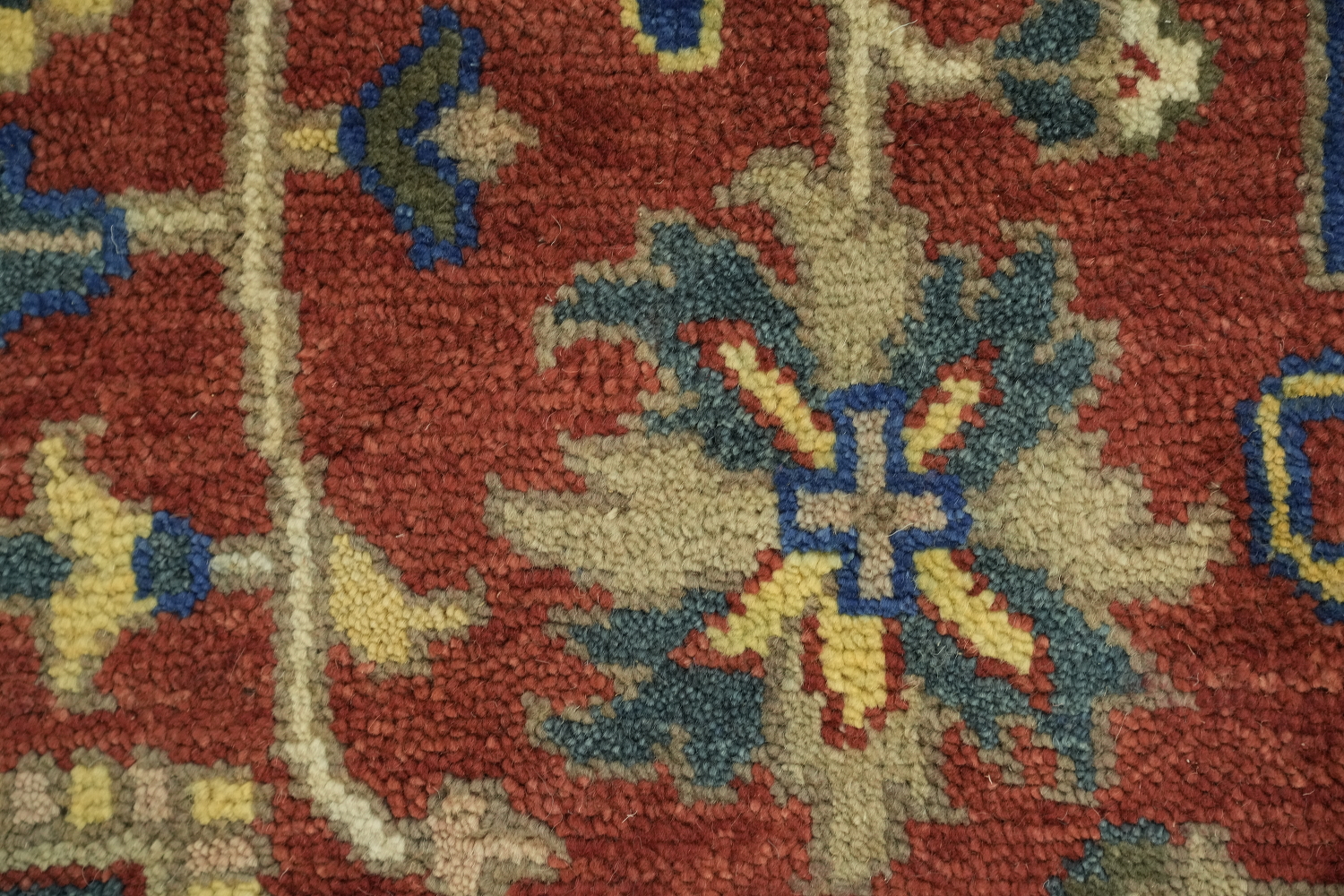 Geometric Red and Blue Heriz Serapi Wool Living Room Rug 9' x 12'