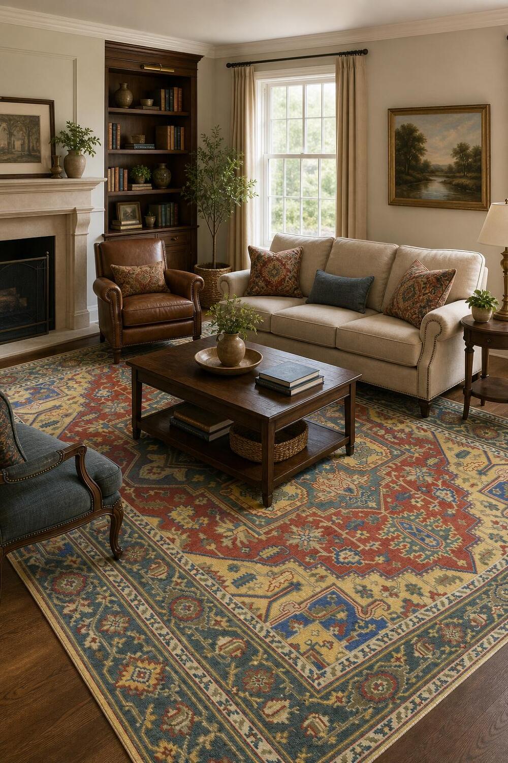 Geometric Red and Blue Heriz Serapi Wool Living Room Rug 9' x 12'