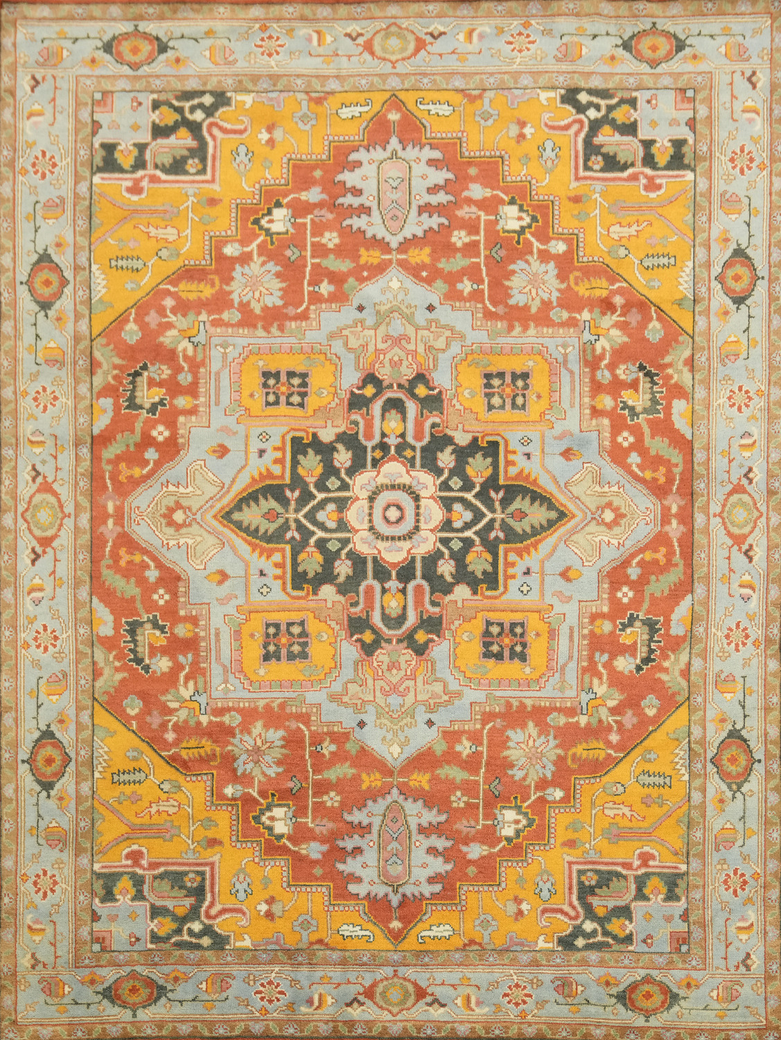 Geometric Mustad and Blue Heriz Serapi Wool Living Room Rug 9' x 12'