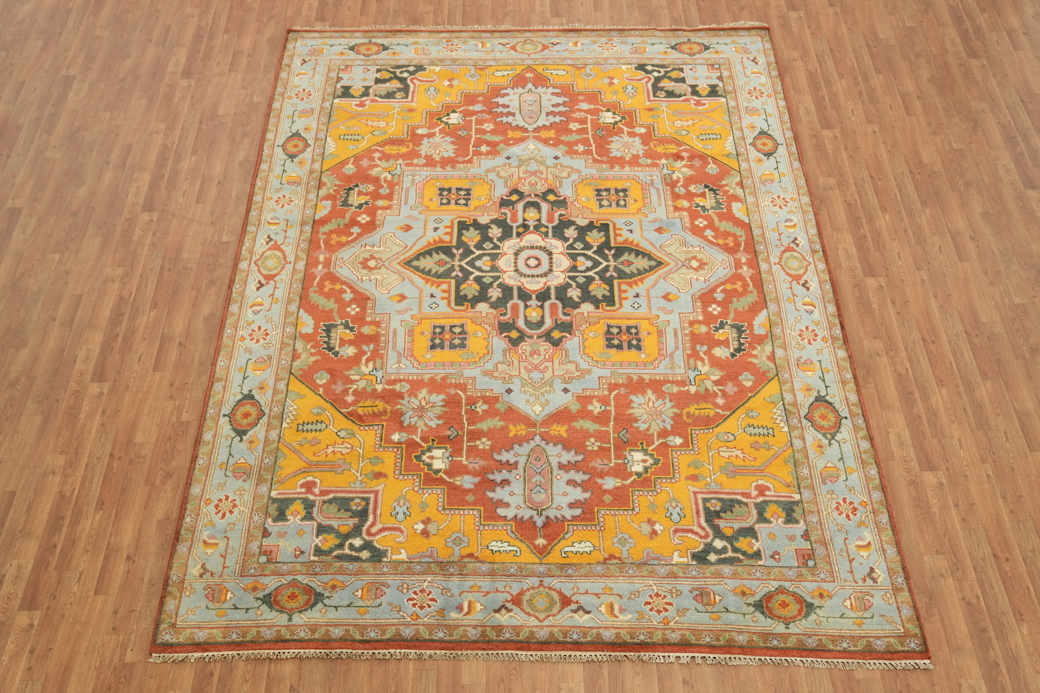 Geometric Mustad and Blue Heriz Serapi Wool Living Room Rug 9' x 12'