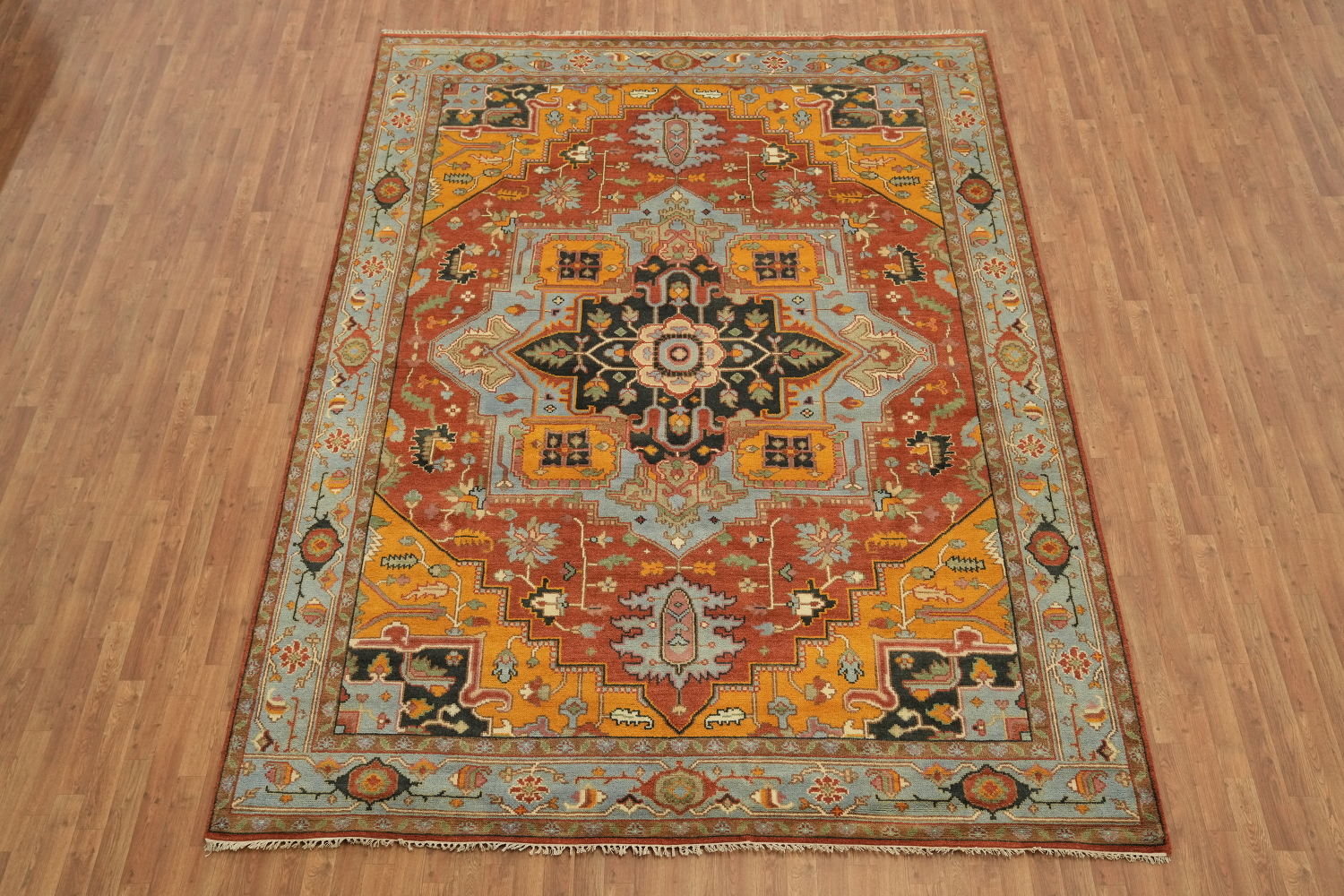 Geometric Mustad and Blue Heriz Serapi Wool Living Room Rug 9' x 12'