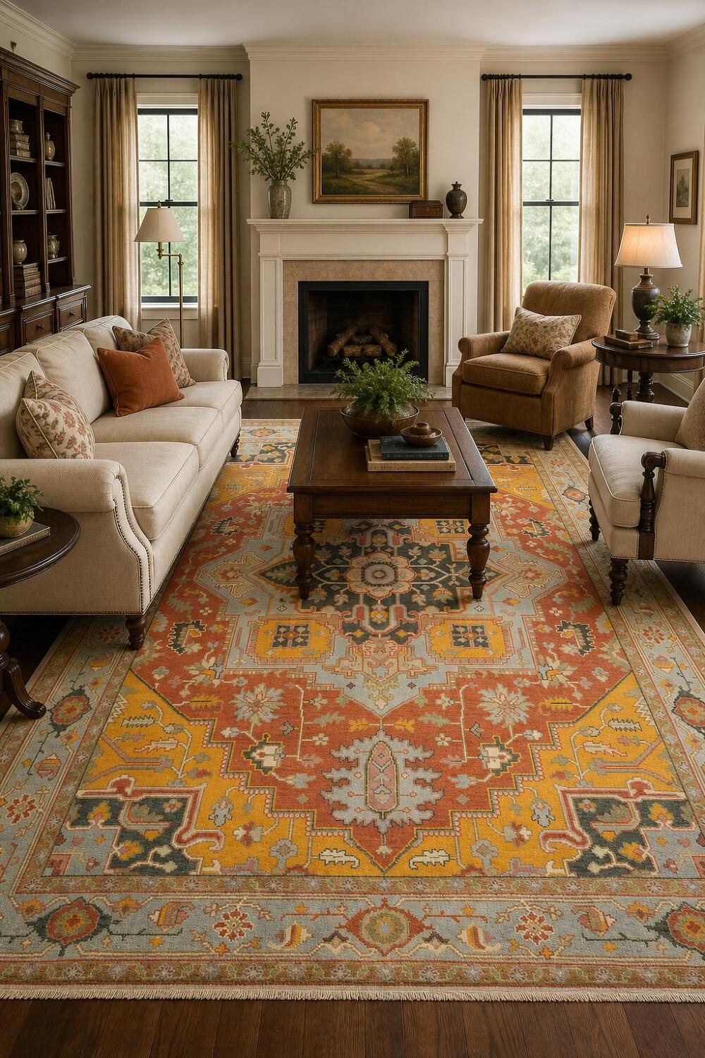 Geometric Mustad and Blue Heriz Serapi Wool Living Room Rug 9' x 12'