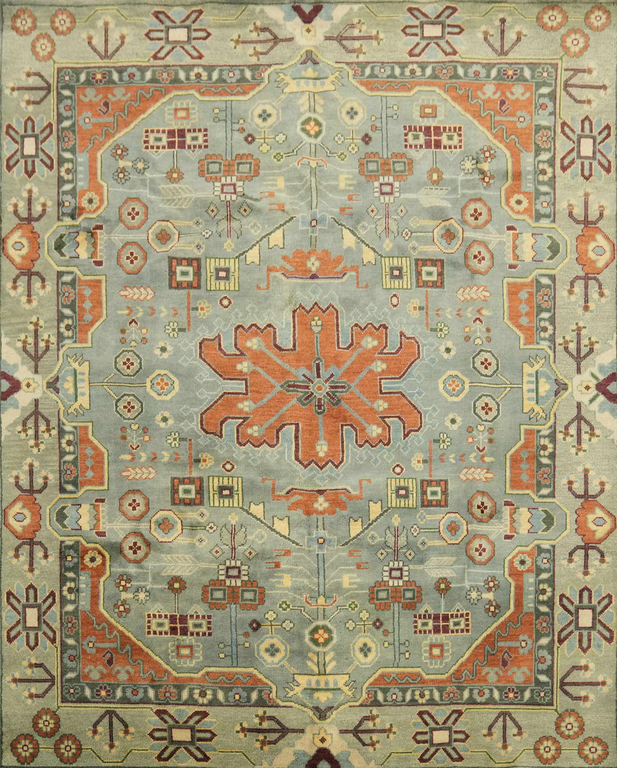 Geometric Blue and Orange Hand-Knotted Wool Rug 8' x 10'