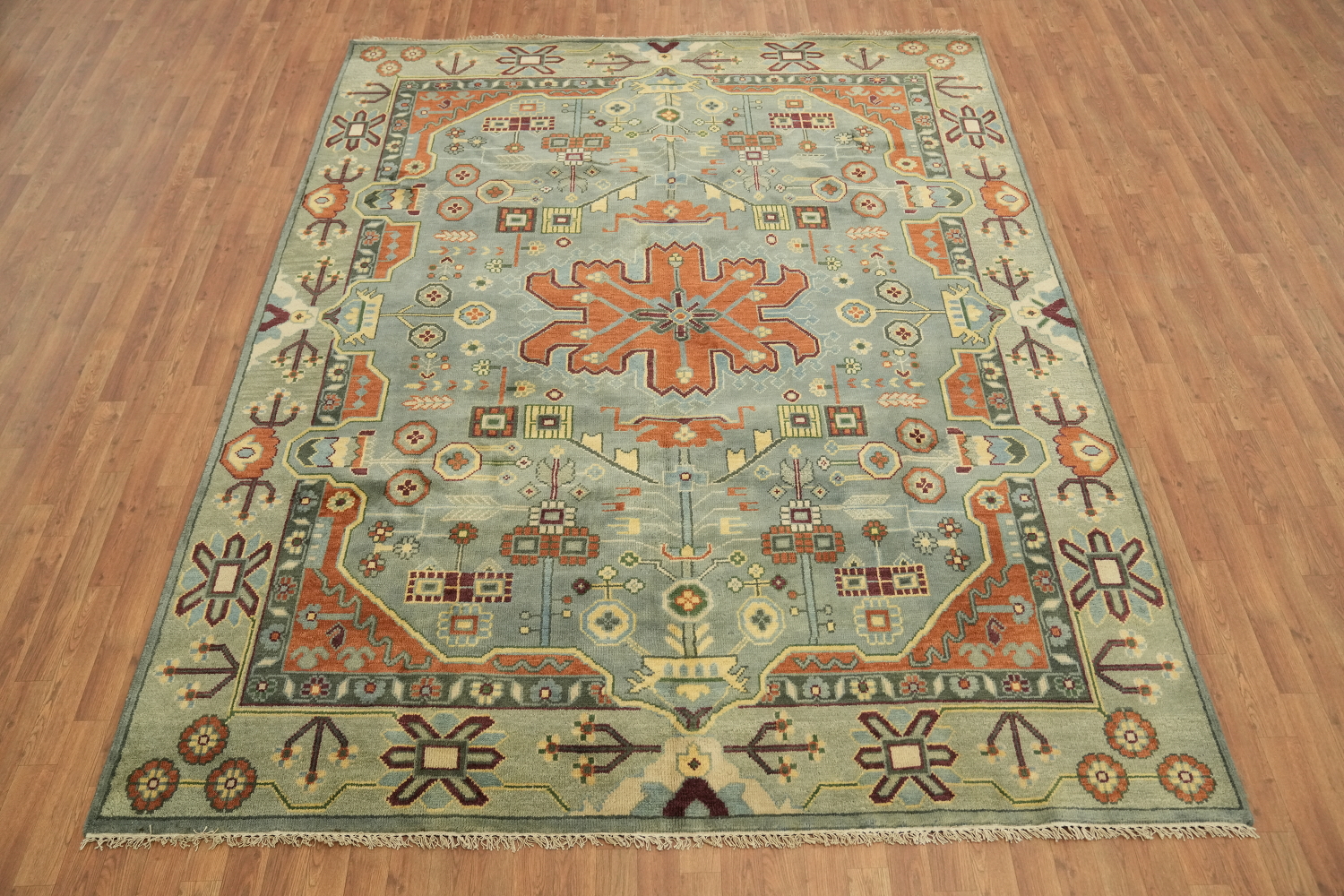Geometric Blue and Orange Hand-Knotted Wool Rug 8' x 10'