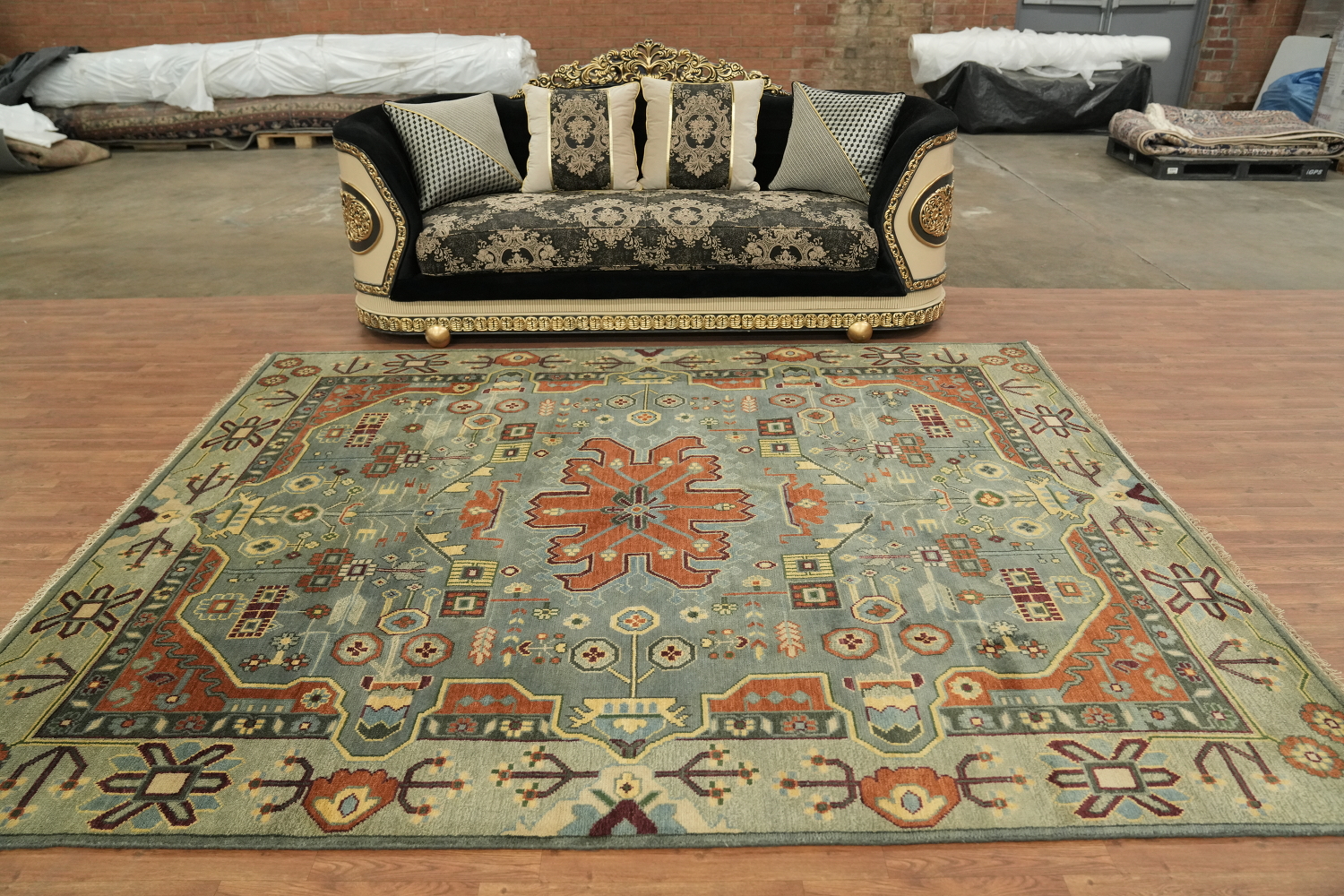Geometric Blue and Orange Hand-Knotted Wool Rug 8' x 10'