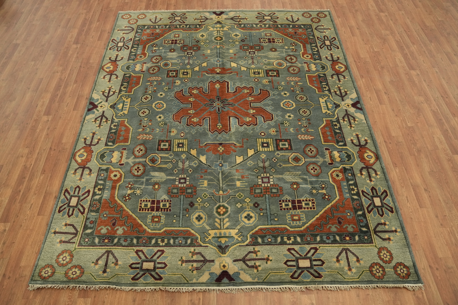 Geometric Blue and Orange Hand-Knotted Wool Rug 8' x 10'