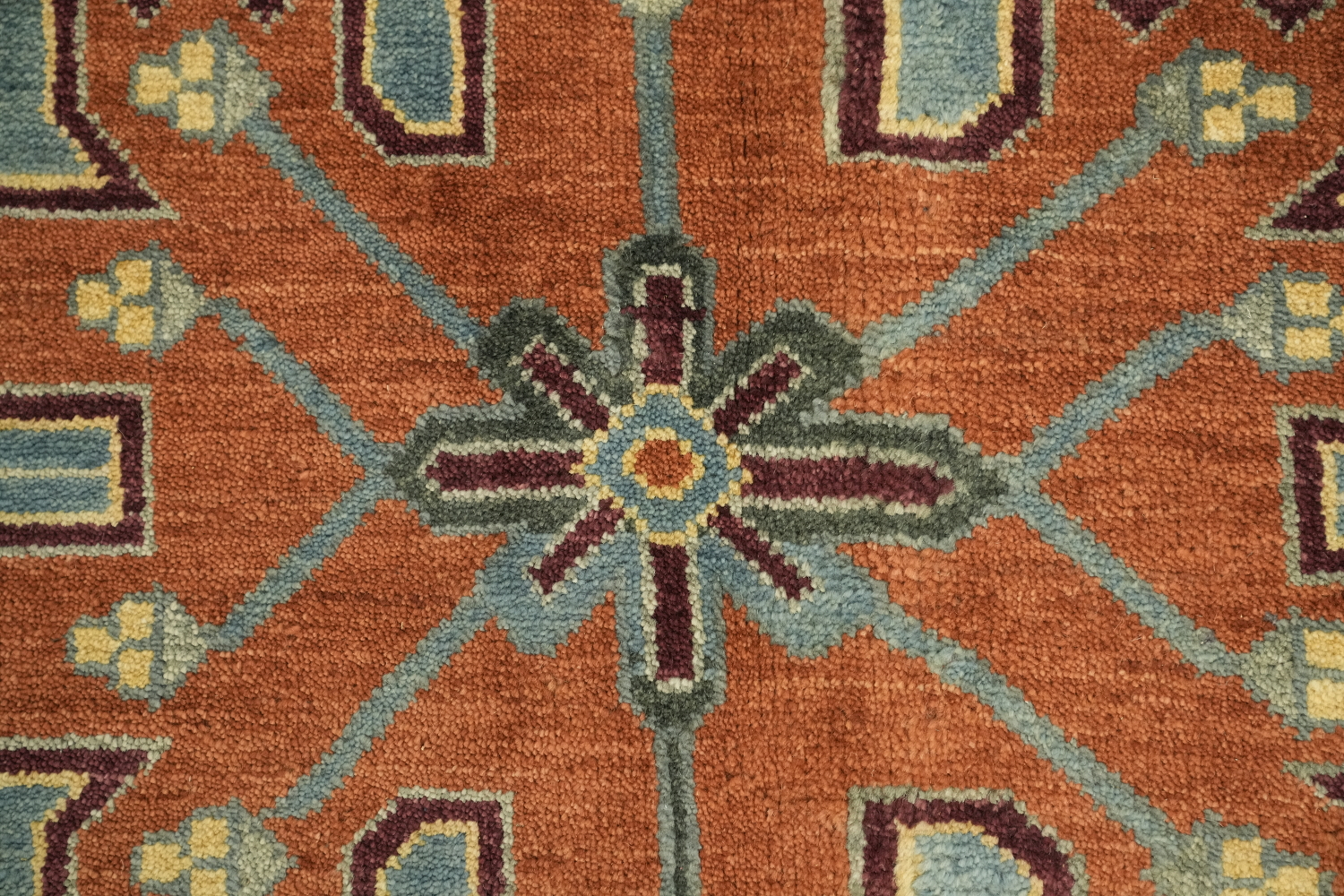 Geometric Blue and Orange Hand-Knotted Wool Rug 8' x 10'