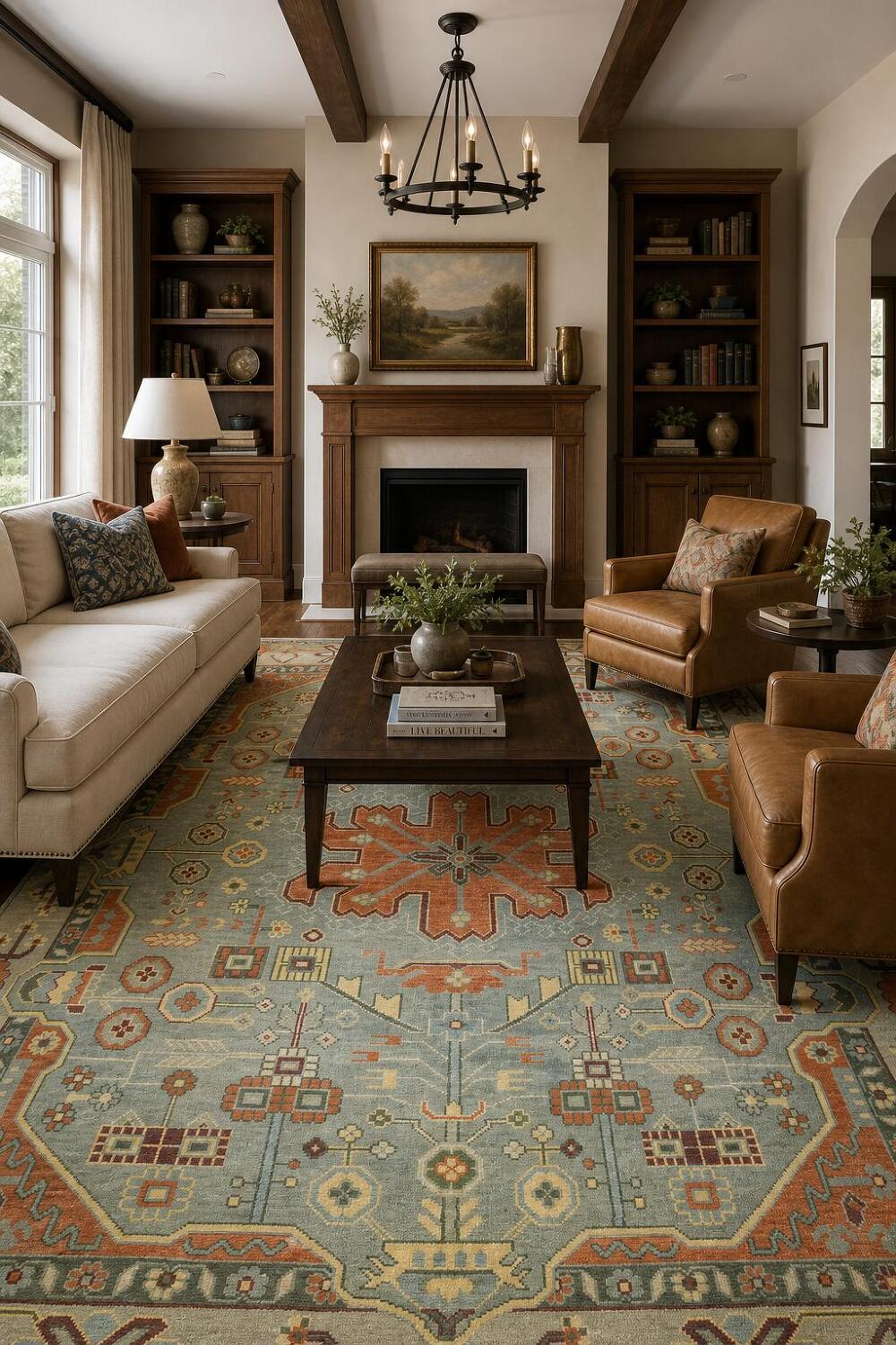 Geometric Blue and Orange Hand-Knotted Wool Rug 8' x 10'