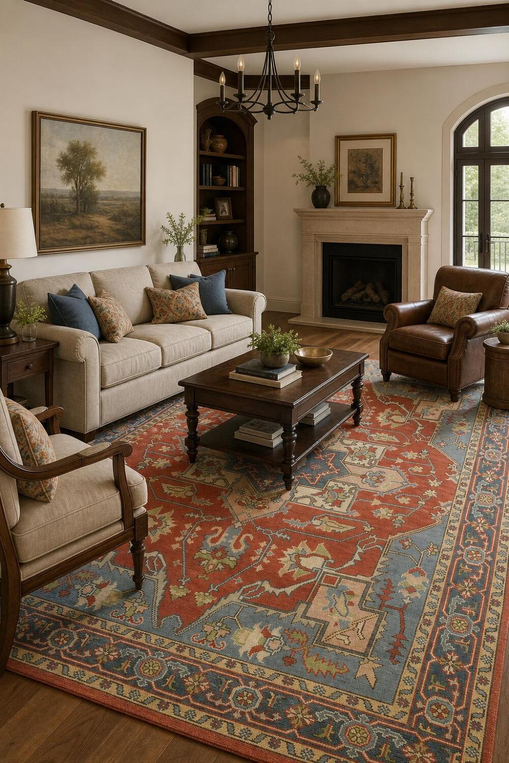 Rust and Blue Heriz Serapi Persian-Style Rug - 8x10 Hand-Knotted Wool
