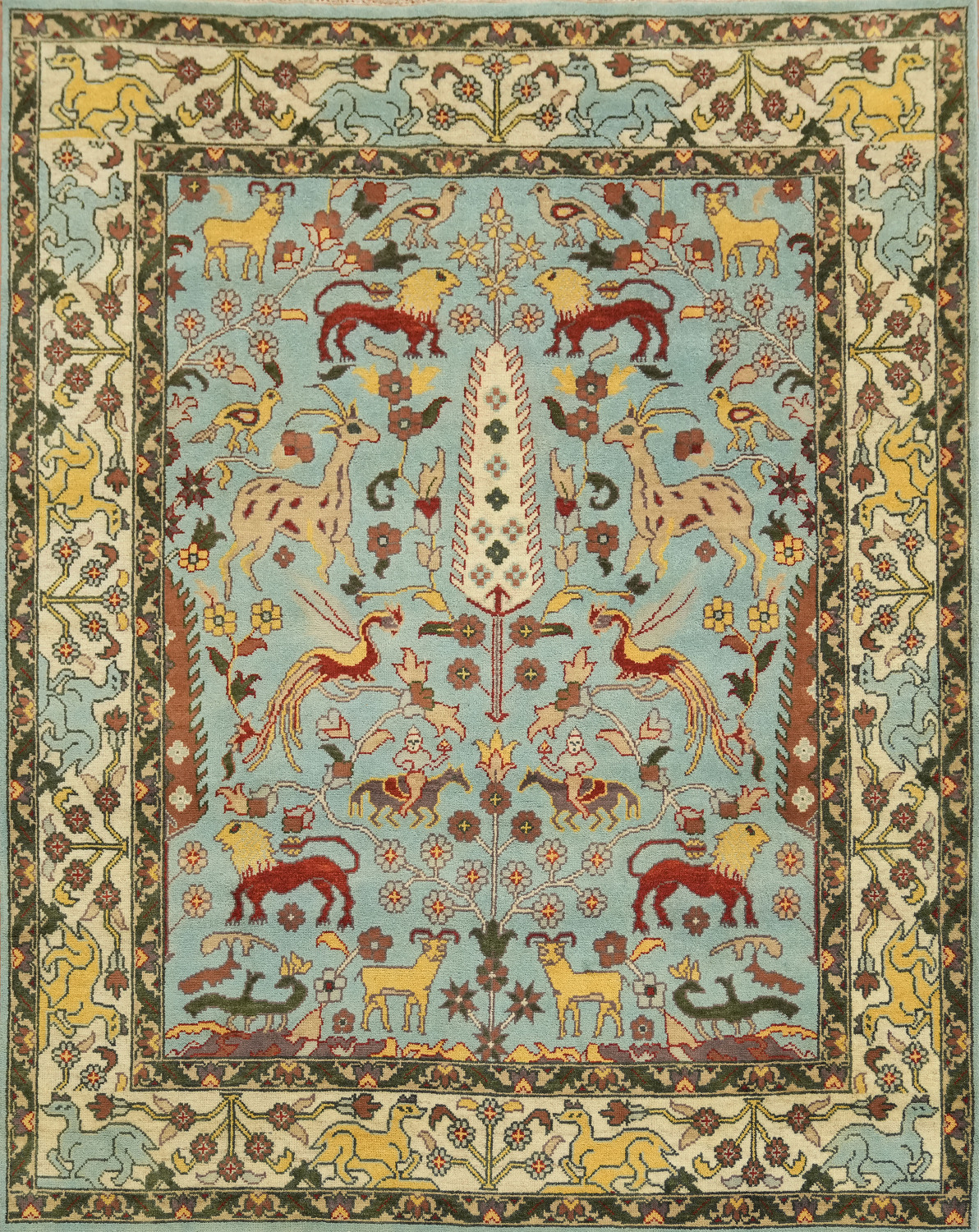 Light Blue 8'x10' Hunting Design Animal Pictorial Blue Hand-Knotted Wool Rug