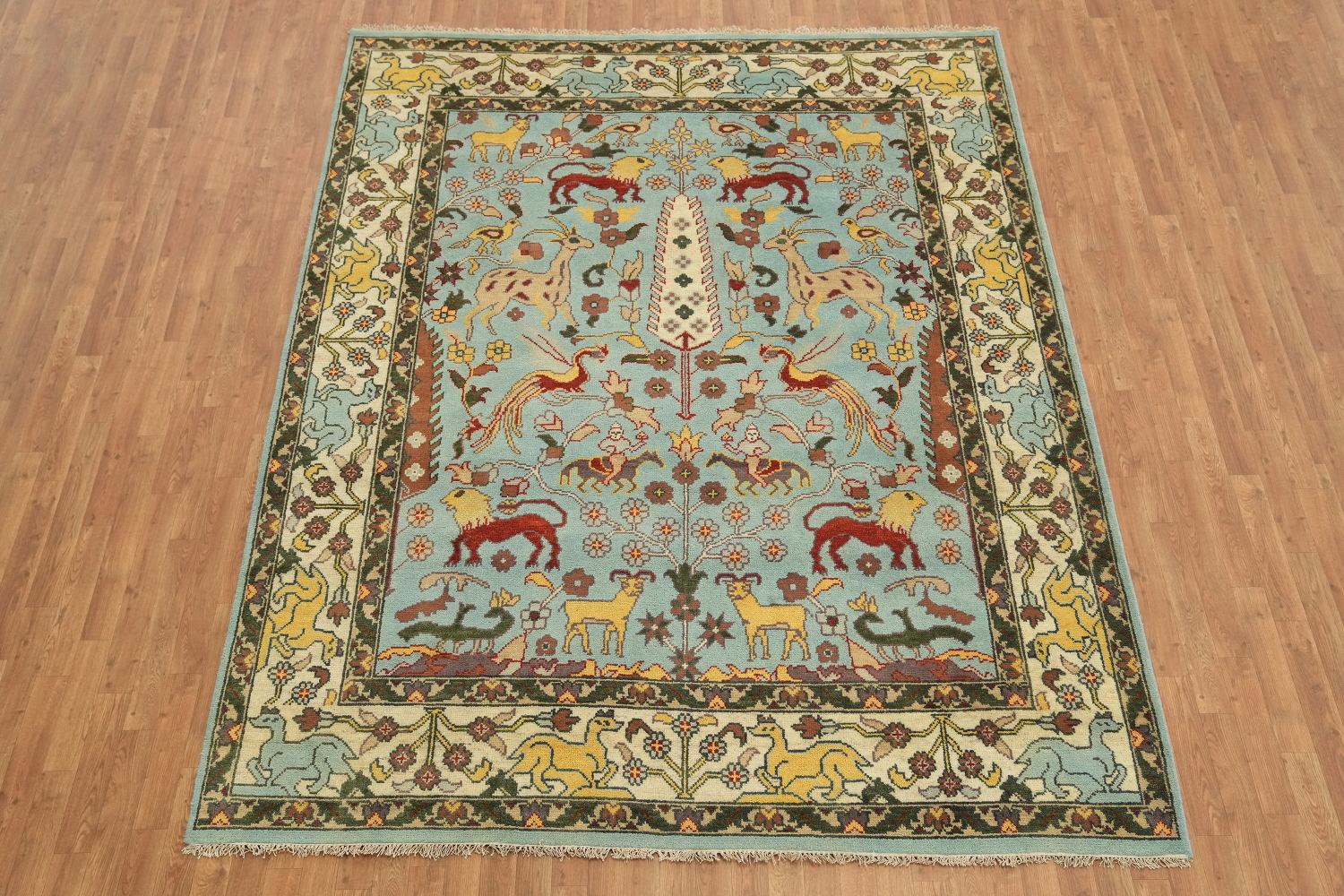 Light Blue 8'x10' Hunting Design Animal Pictorial Blue Hand-Knotted Wool Rug
