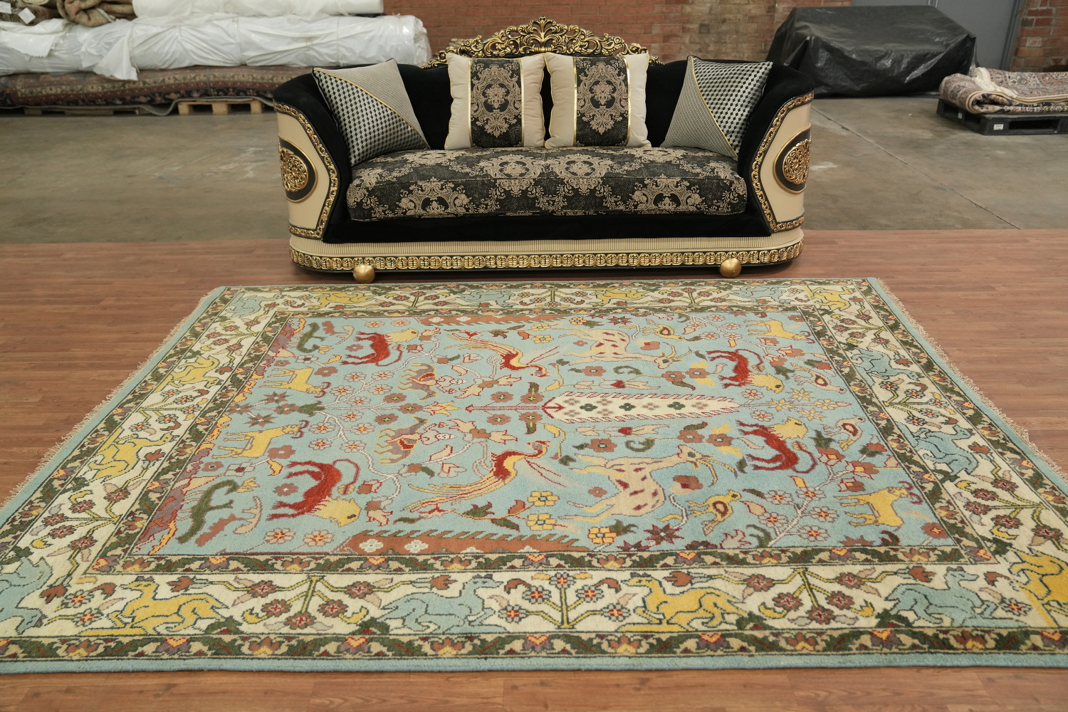 Light Blue 8'x10' Hunting Design Animal Pictorial Blue Hand-Knotted Wool Rug
