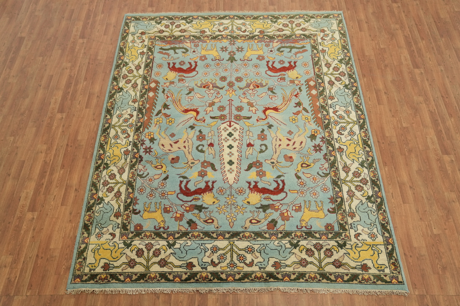 Light Blue 8'x10' Hunting Design Animal Pictorial Blue Hand-Knotted Wool Rug