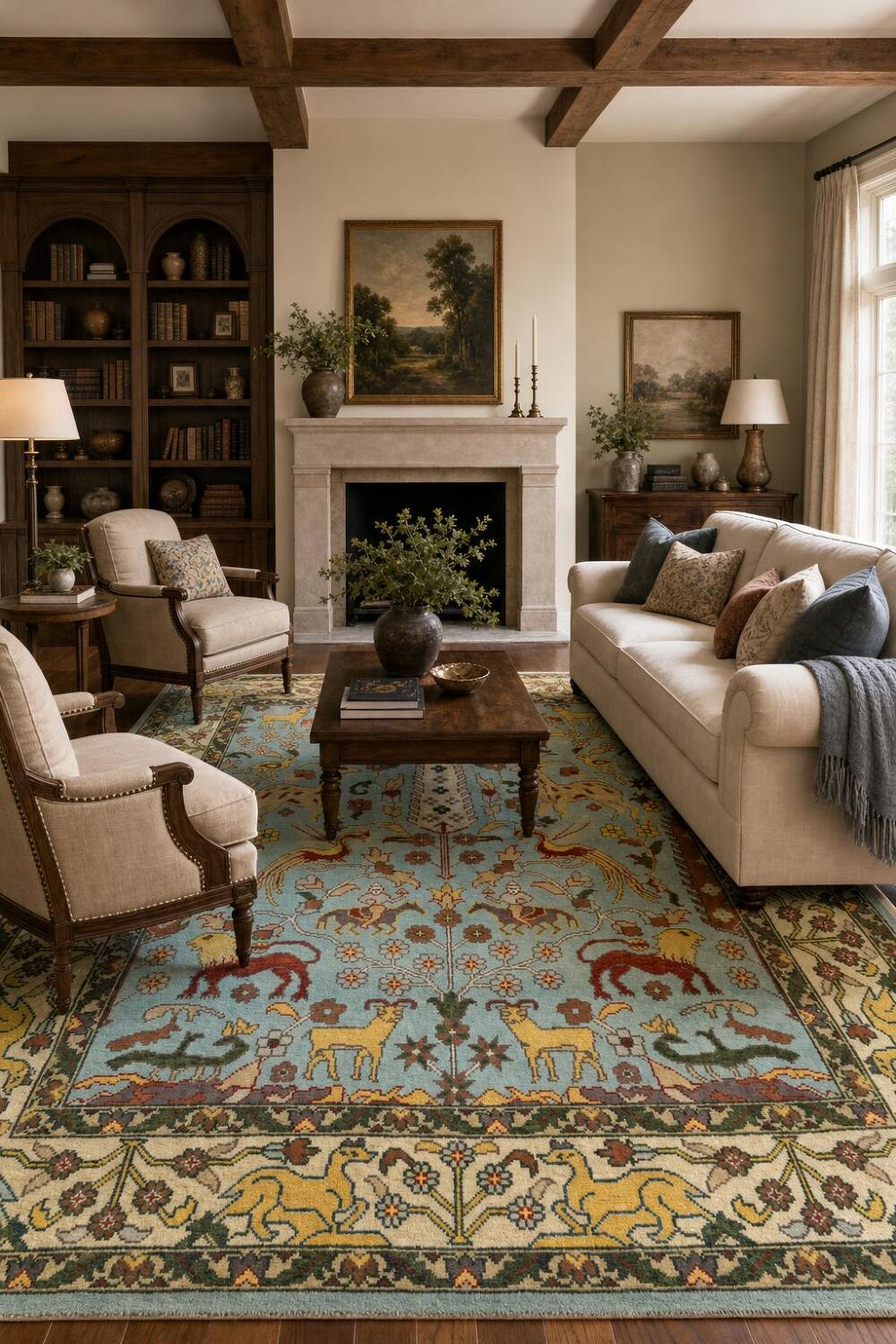 Light Blue 8'x10' Hunting Design Animal Pictorial Blue Hand-Knotted Wool Rug