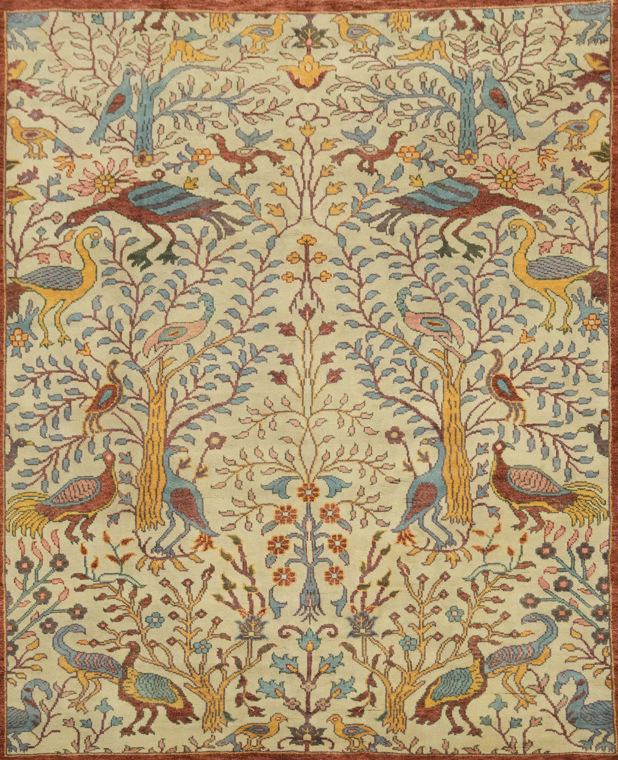 Bird and Tress Sage Green 8x10 Ziegler Hand-Knotted Wool Rug