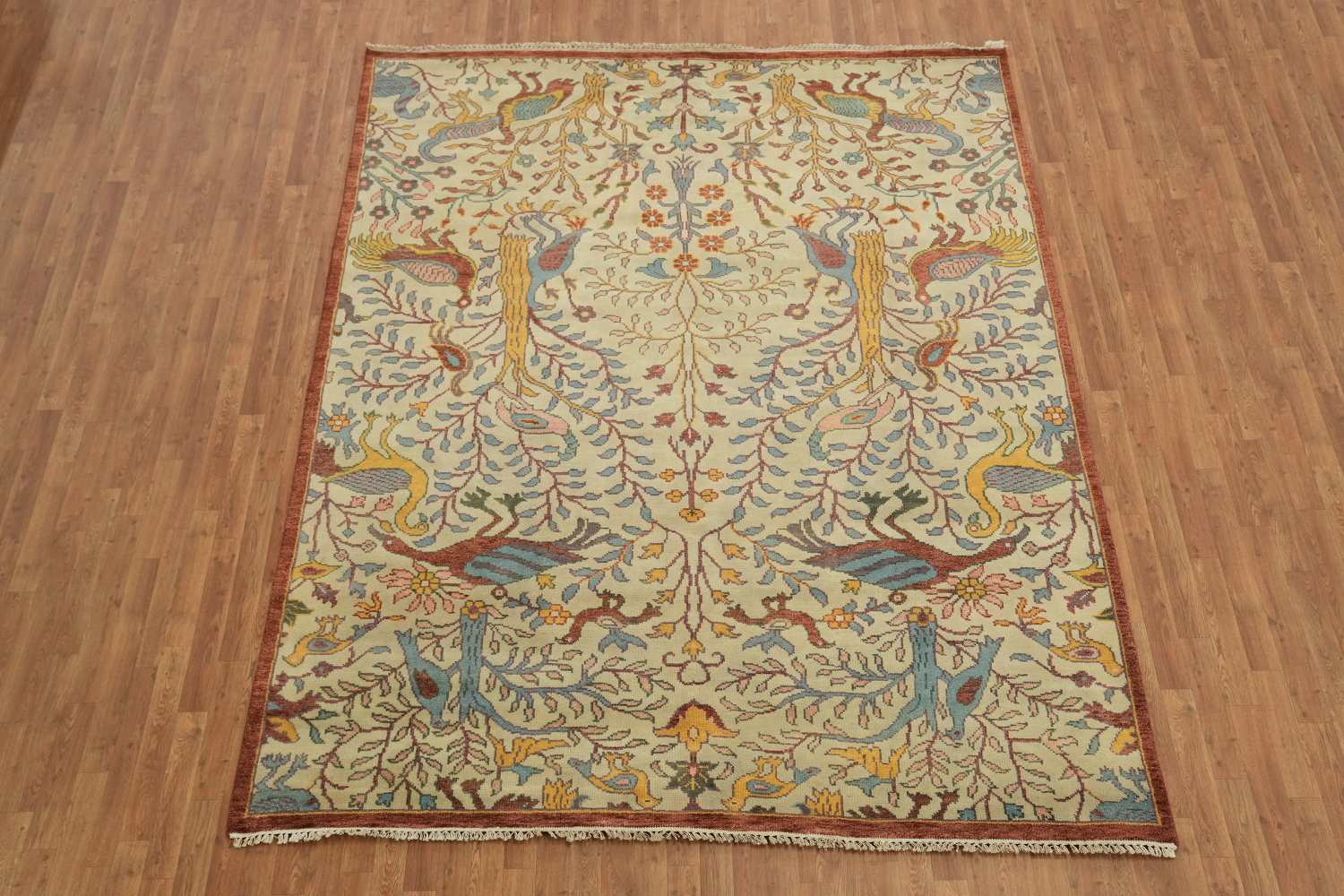 Bird and Tress Sage Green 8x10 Ziegler Hand-Knotted Wool Rug