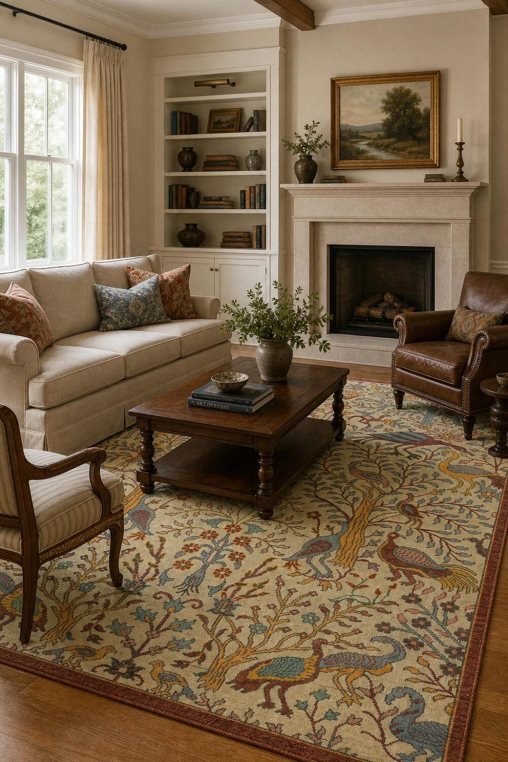 Bird and Tress Sage Green 8x10 Ziegler Hand-Knotted Wool Rug