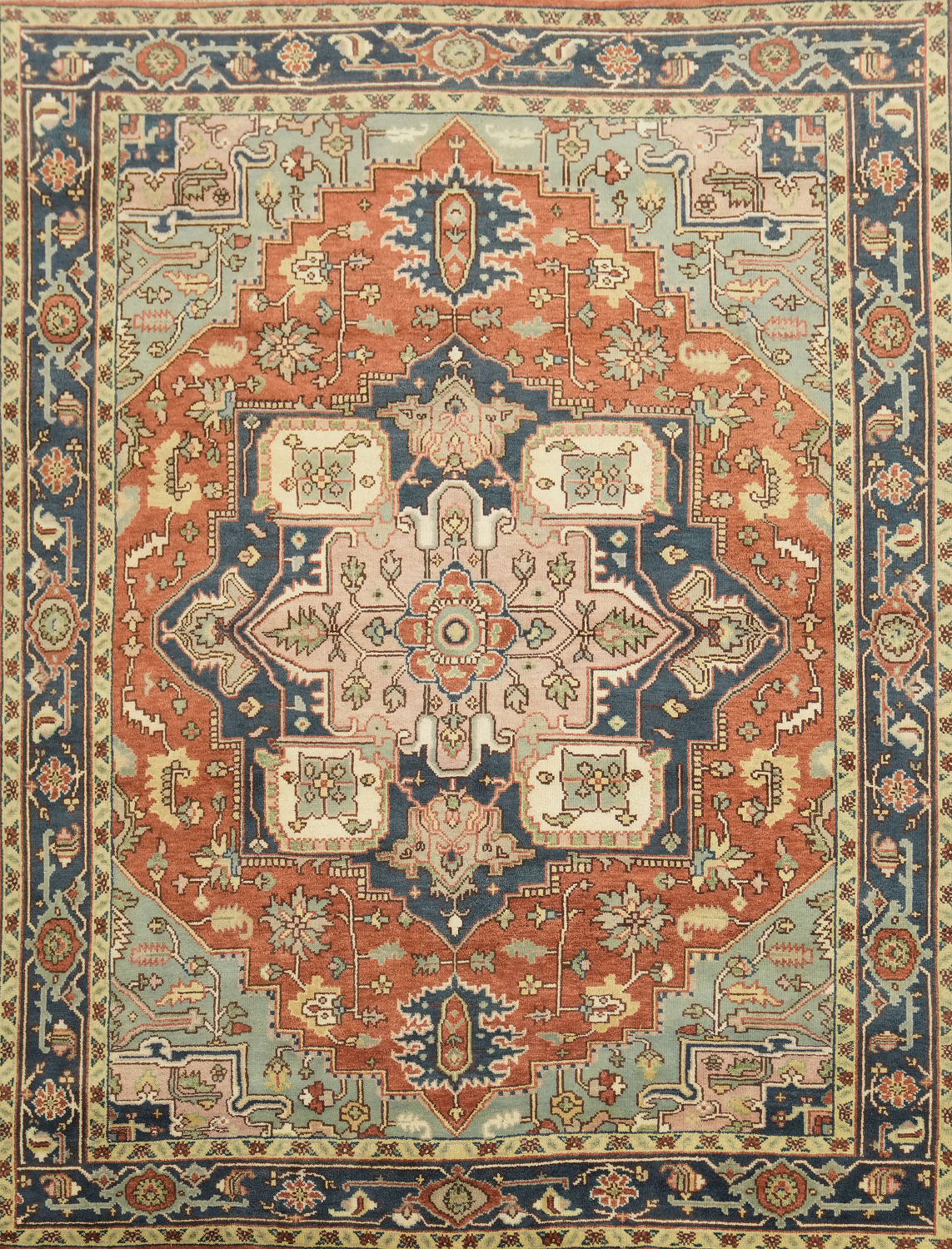 Rust and Navy Persian Style Hand-Knotted Wool Rug 9x12