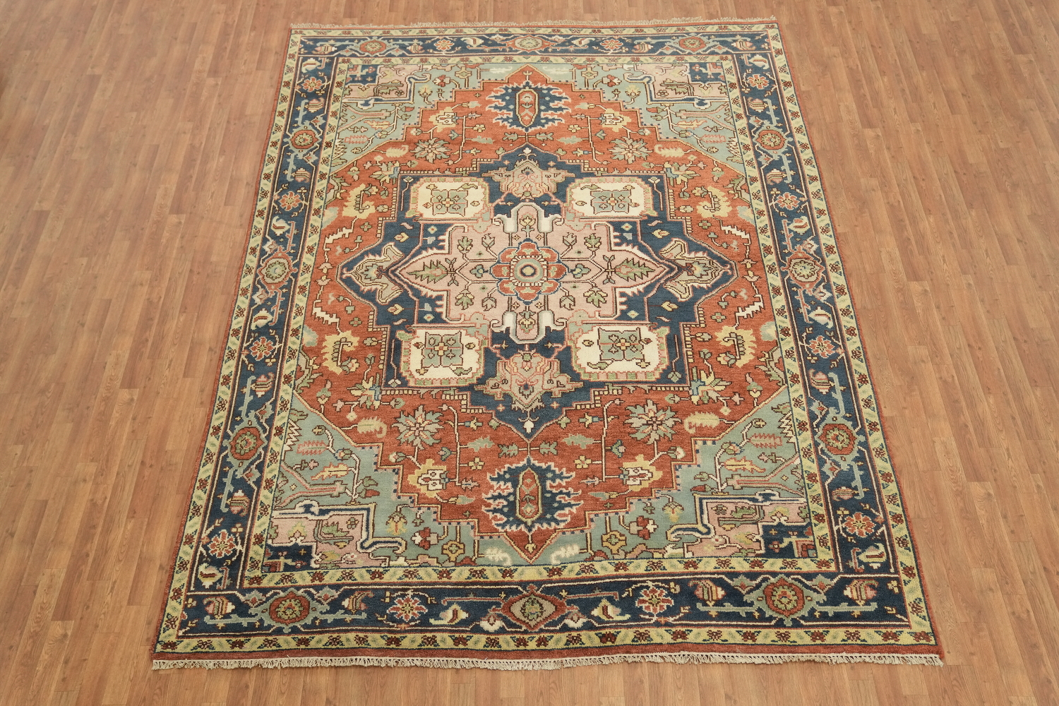 Rust and Navy Persian Style Hand-Knotted Wool Rug 9x12