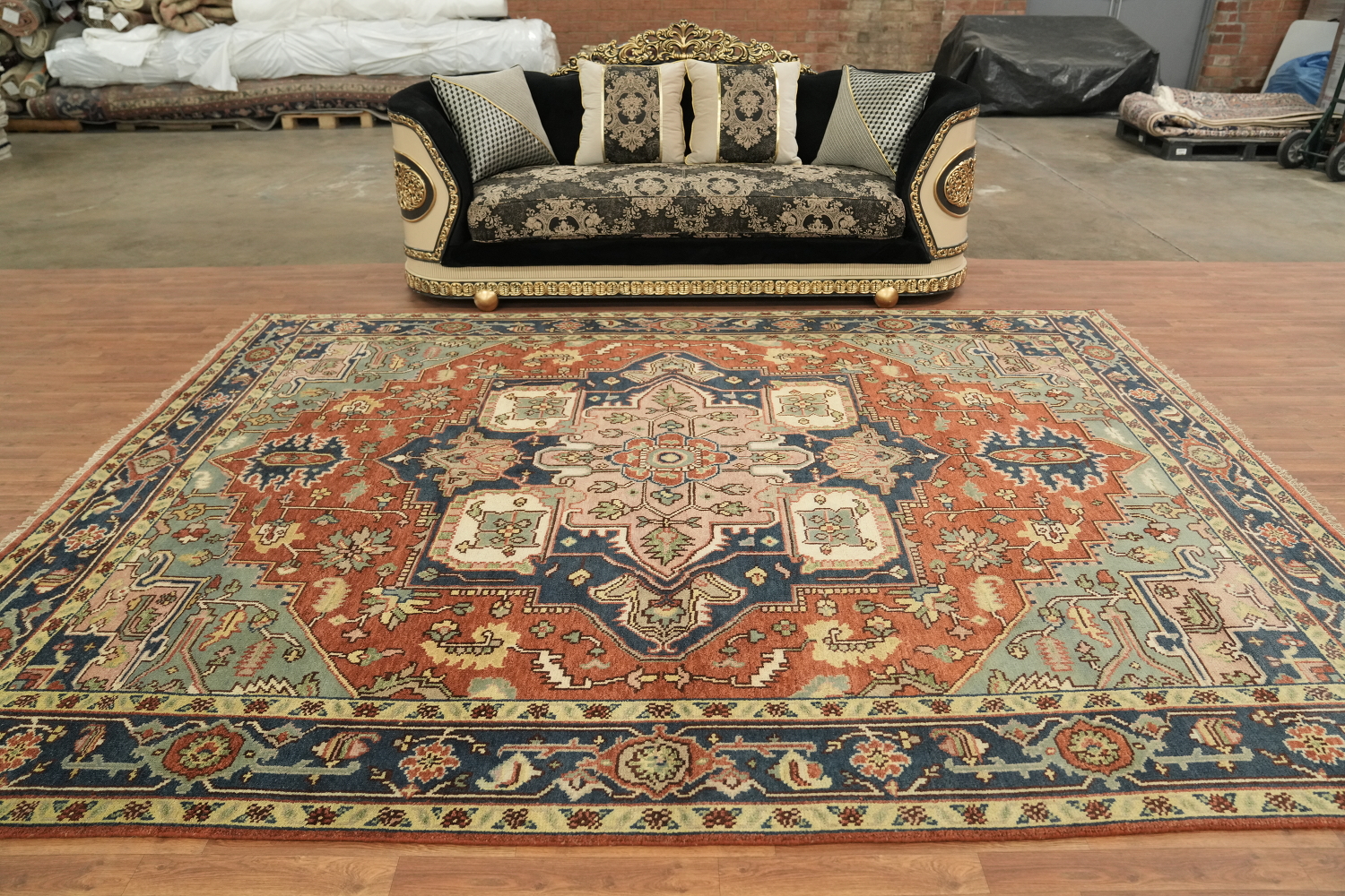Rust and Navy Persian Style Hand-Knotted Wool Rug 9x12