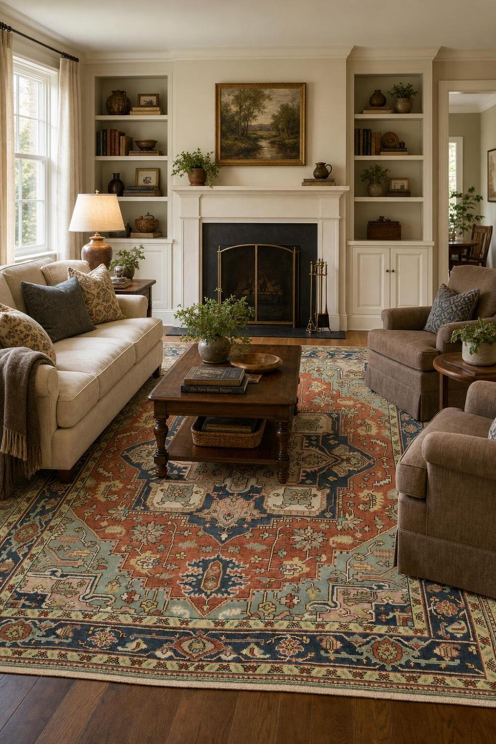 Rust and Navy Persian Style Hand-Knotted Wool Rug 9x12