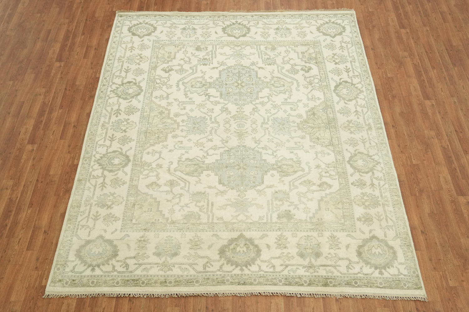 Cream and Green Traditional Oushak Living Room Rug 8'x10'