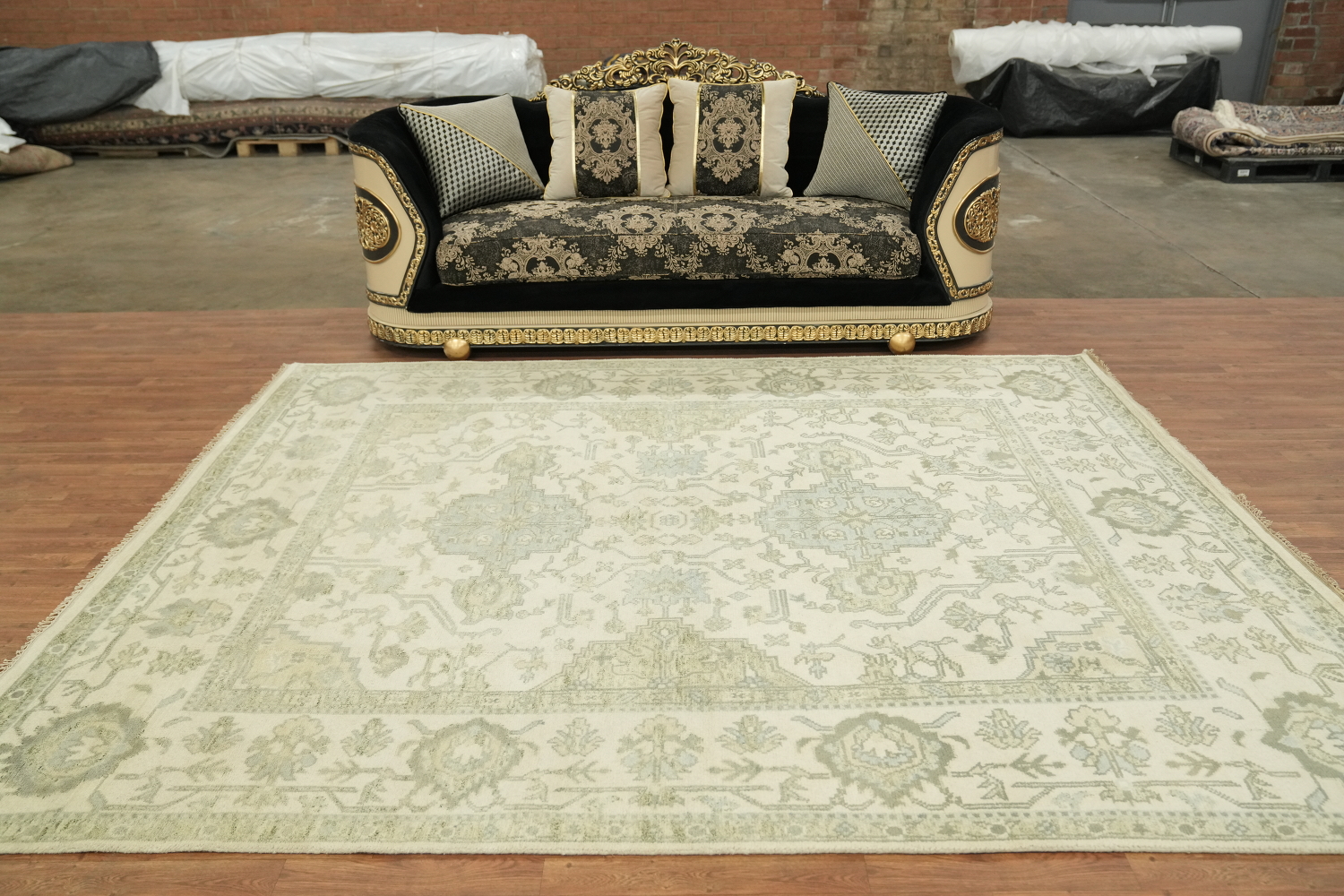 Cream and Green Traditional Oushak Living Room Rug 8'x10'