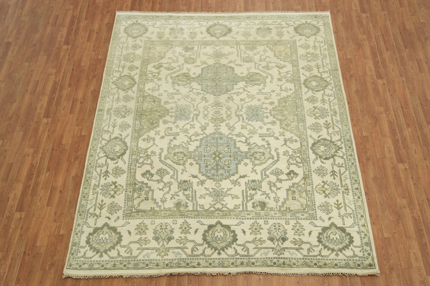 Cream and Green Traditional Oushak Living Room Rug 8'x10'