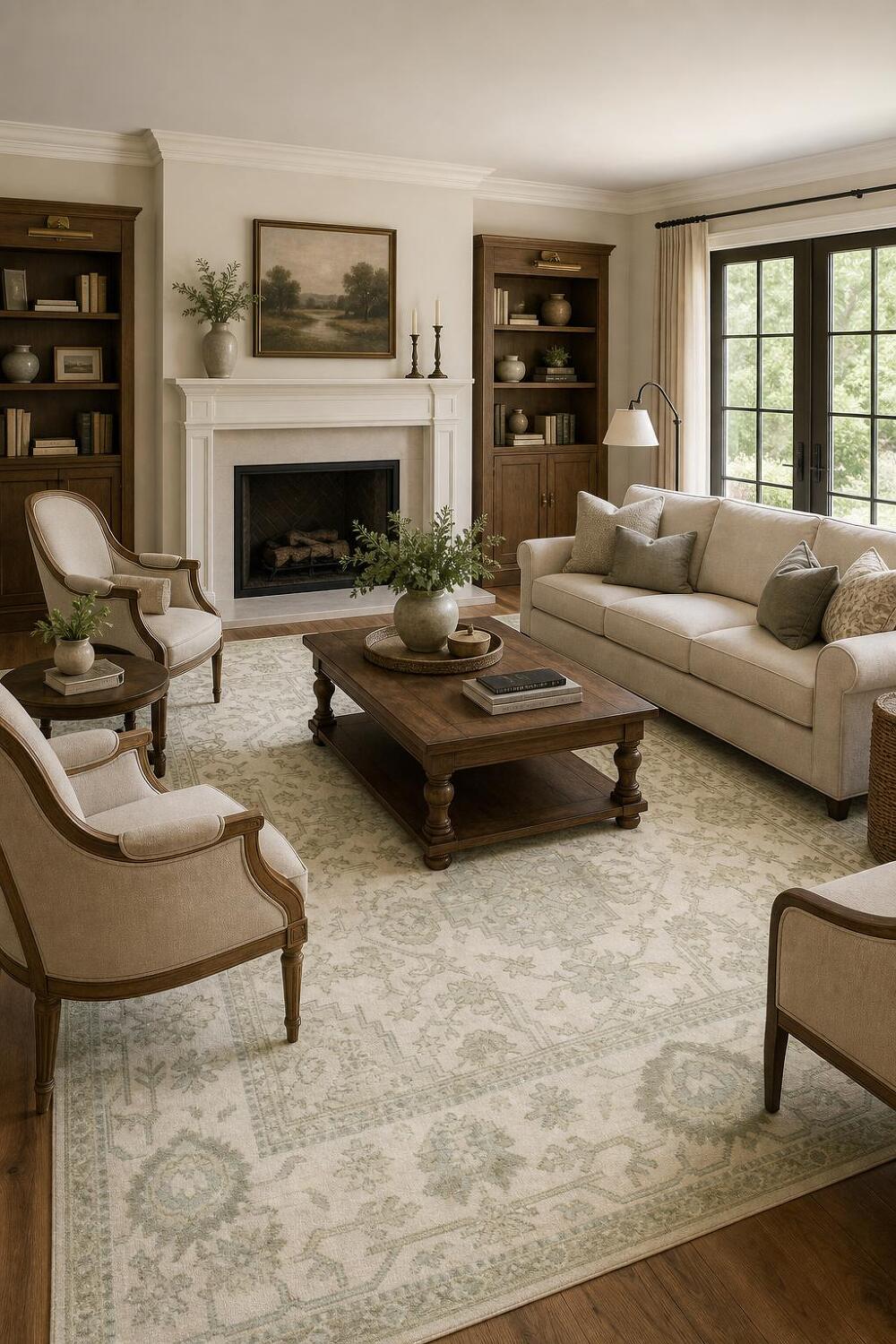 Cream and Green Traditional Oushak Living Room Rug 8'x10'