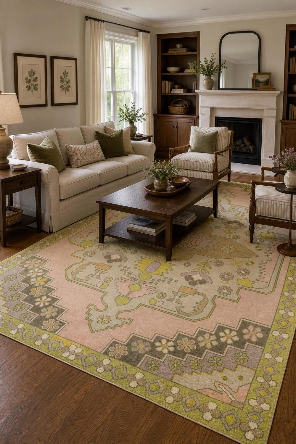 8'x10' Pastel Perfection: Unique Floral Patterns in Geometric Harmony Pink and Green Rug