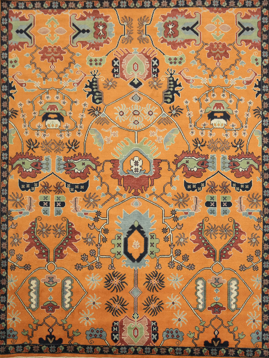 Exquisite Traditional Design Hand-Knotted Wool Rug in Warm Orange Tones 9' x 12'