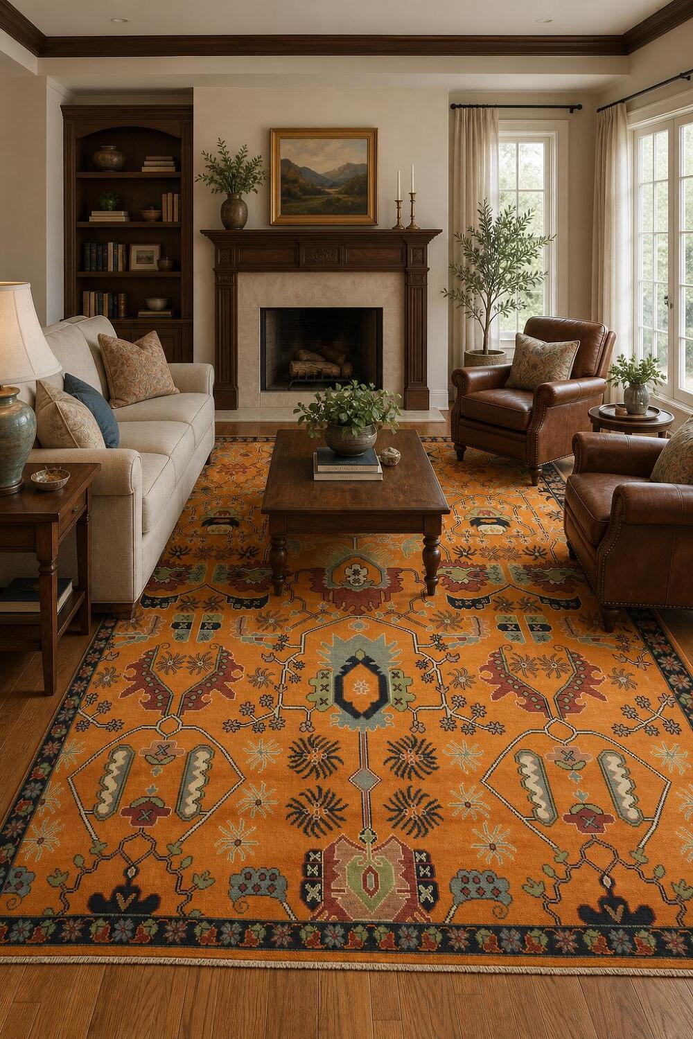 Exquisite Traditional Design Hand-Knotted Wool Rug in Warm Orange Tones 9' x 12'