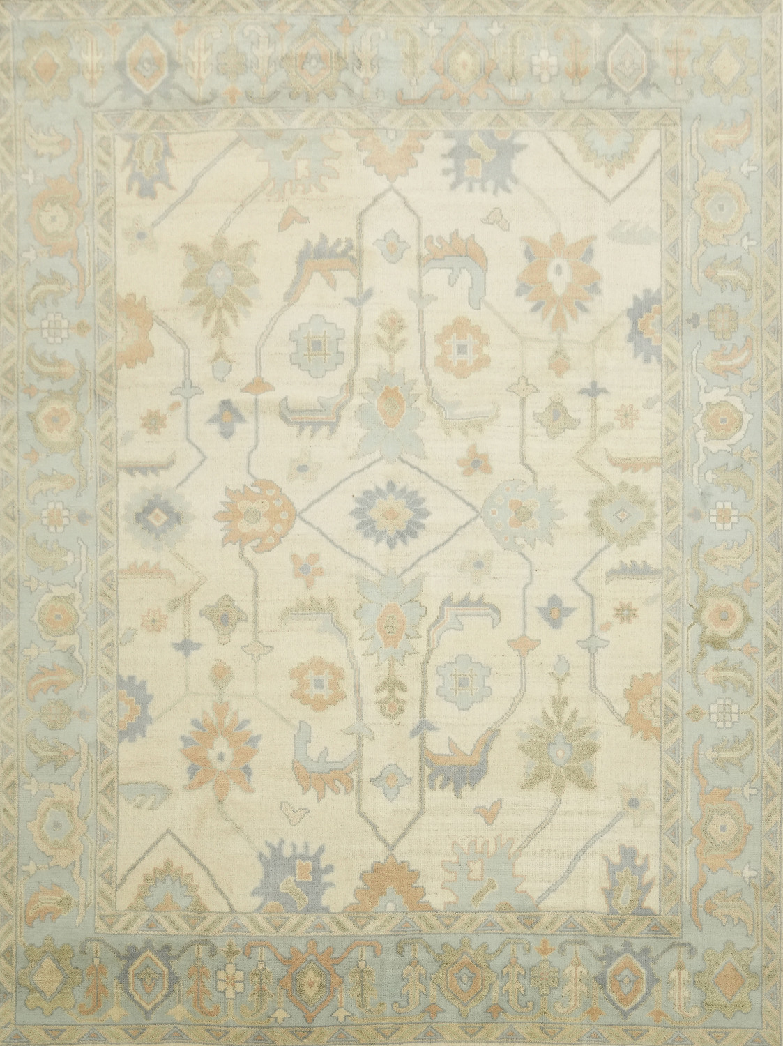 Pastel Cream and Blue Traditional Oushak Hand Made Area Rug 9x12