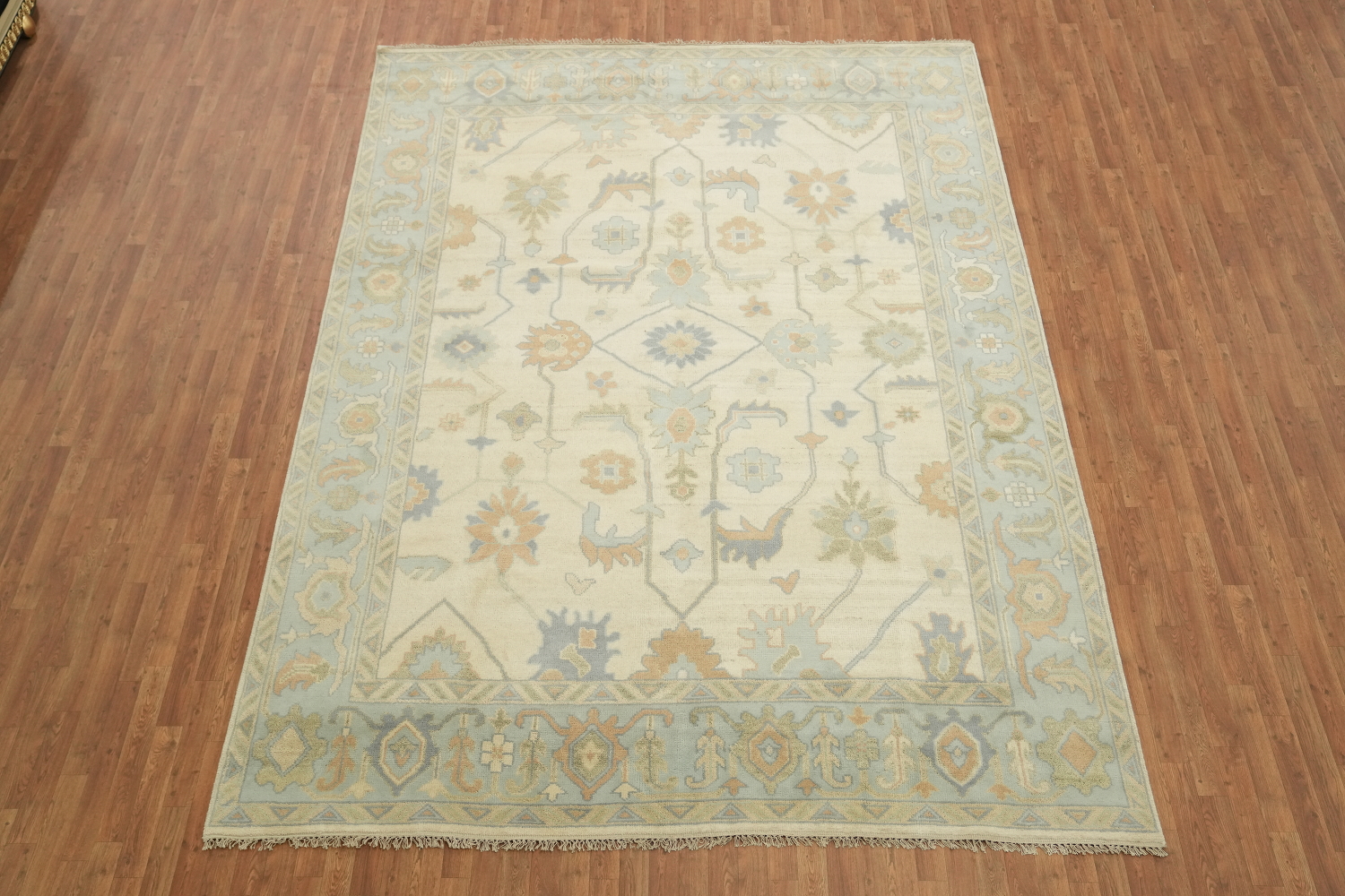 Pastel Cream and Blue Traditional Oushak Hand Made Area Rug 9x12