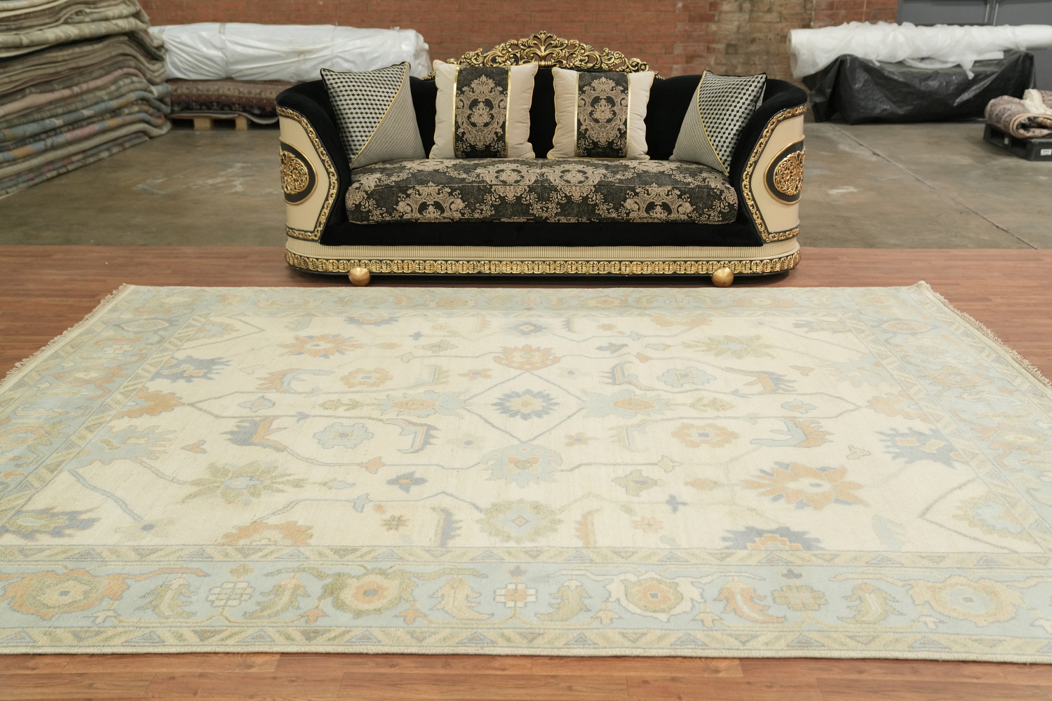 Pastel Cream and Blue Traditional Oushak Hand Made Area Rug 9x12