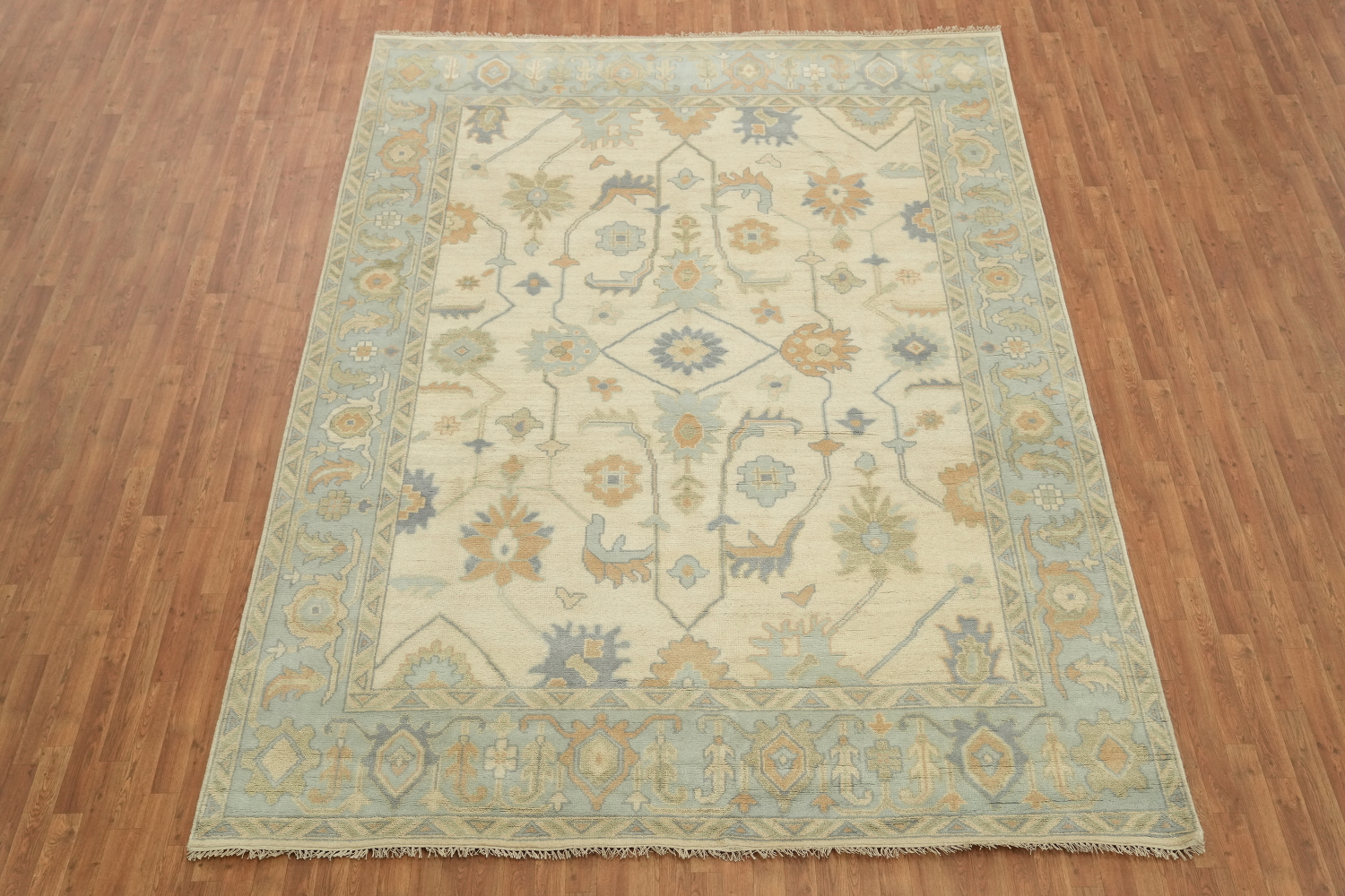 Pastel Cream and Blue Traditional Oushak Hand Made Area Rug 9x12