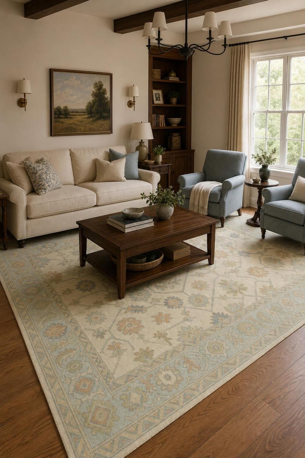 Pastel Cream and Blue Traditional Oushak Hand Made Area Rug 9x12