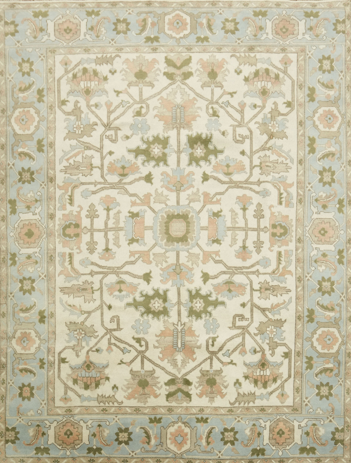 Traditional Oushak Cream and Blue Pastel Hue Hand Made Area Rug 9x12