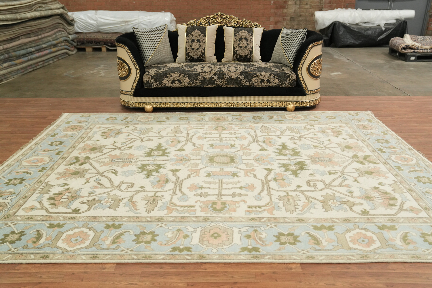 Traditional Oushak Cream and Blue Pastel Hue Hand Made Area Rug 9x12