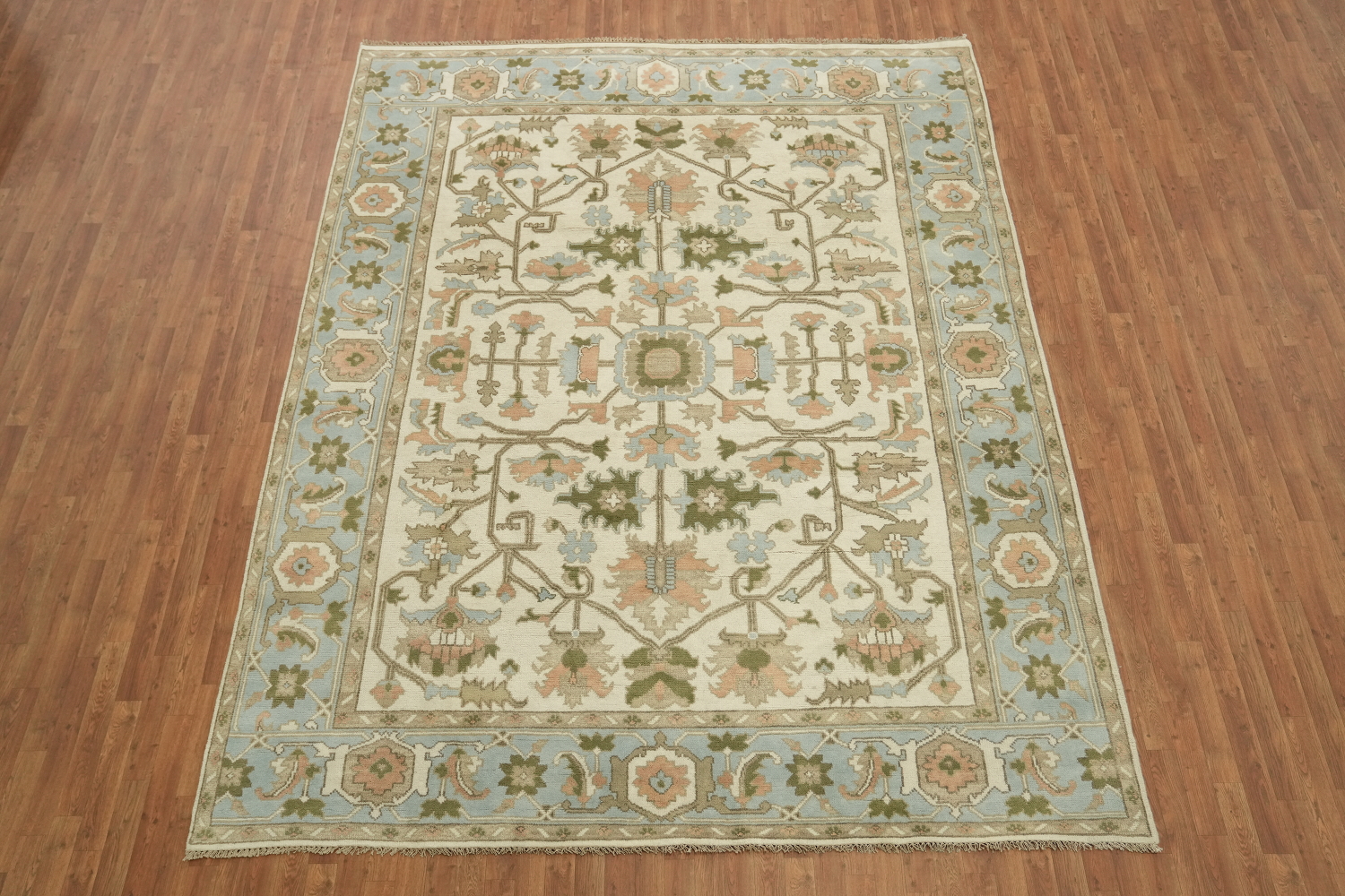 Traditional Oushak Cream and Blue Pastel Hue Hand Made Area Rug 9x12