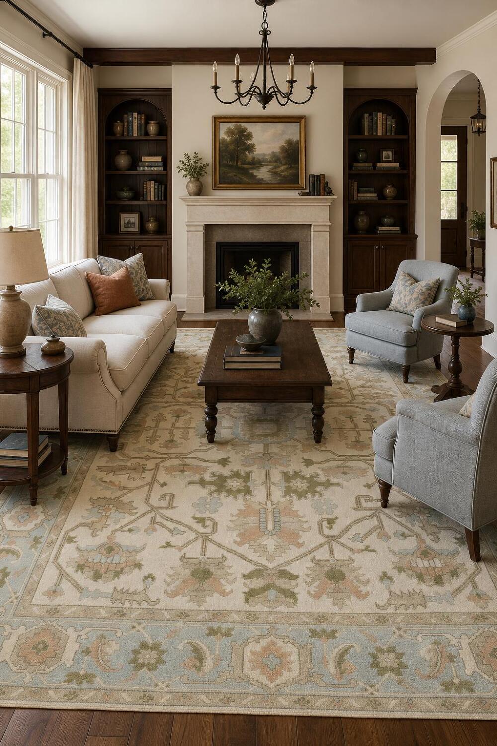 Traditional Oushak Cream and Blue Pastel Hue Hand Made Area Rug 9x12
