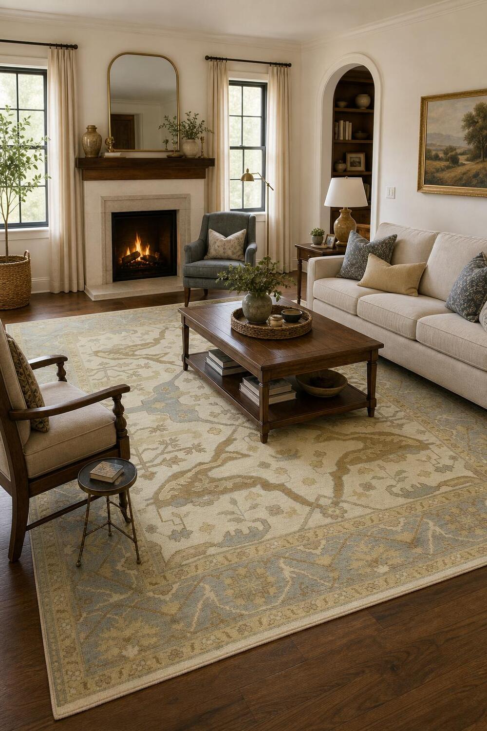 Beige and Blue Traditional Oushak Hand Made Area Rug 8x10