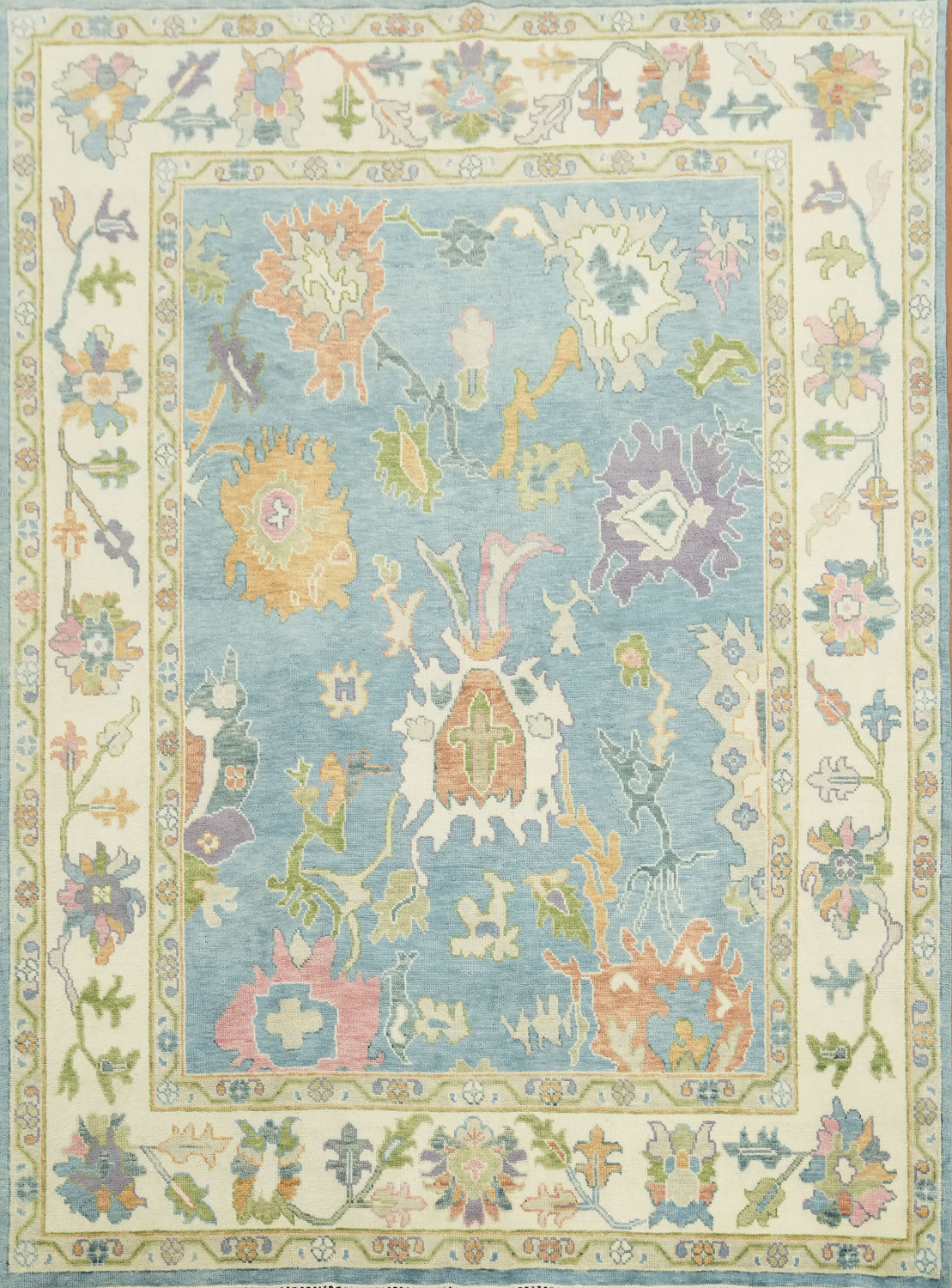 Traditional All-Over Pattern Light Blue and Pink Oushak Wool Rug 9x12