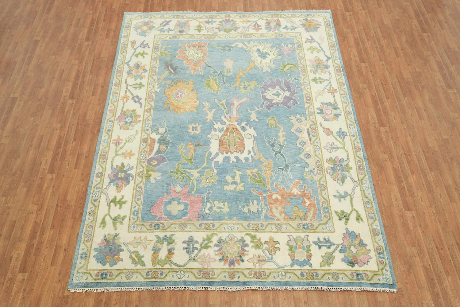 Traditional All-Over Pattern Light Blue and Pink Oushak Wool Rug 9x12